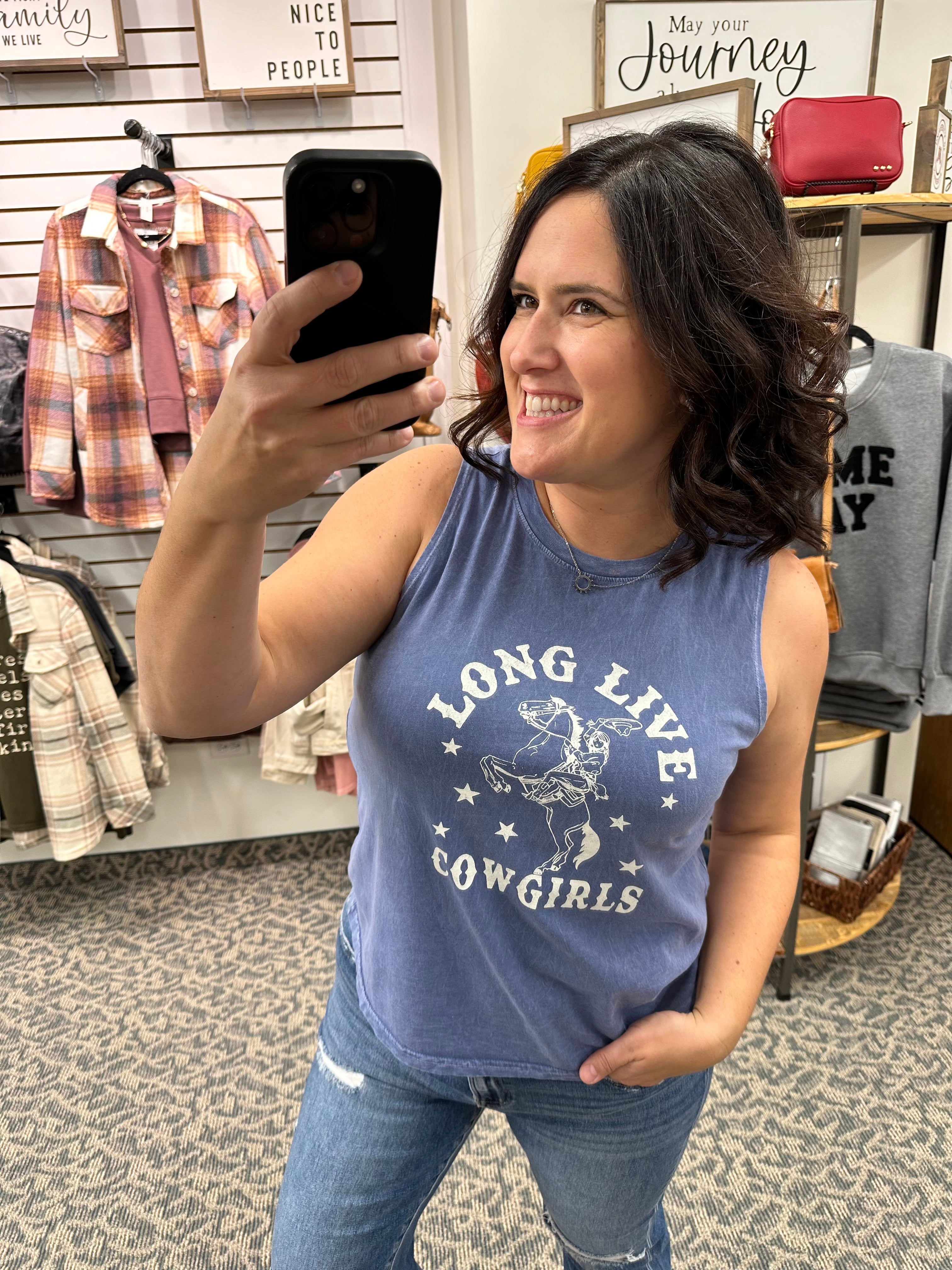 Denim Blue Long Live Cowgirls Tank Tops- Tanks OAT COLLECTIVE