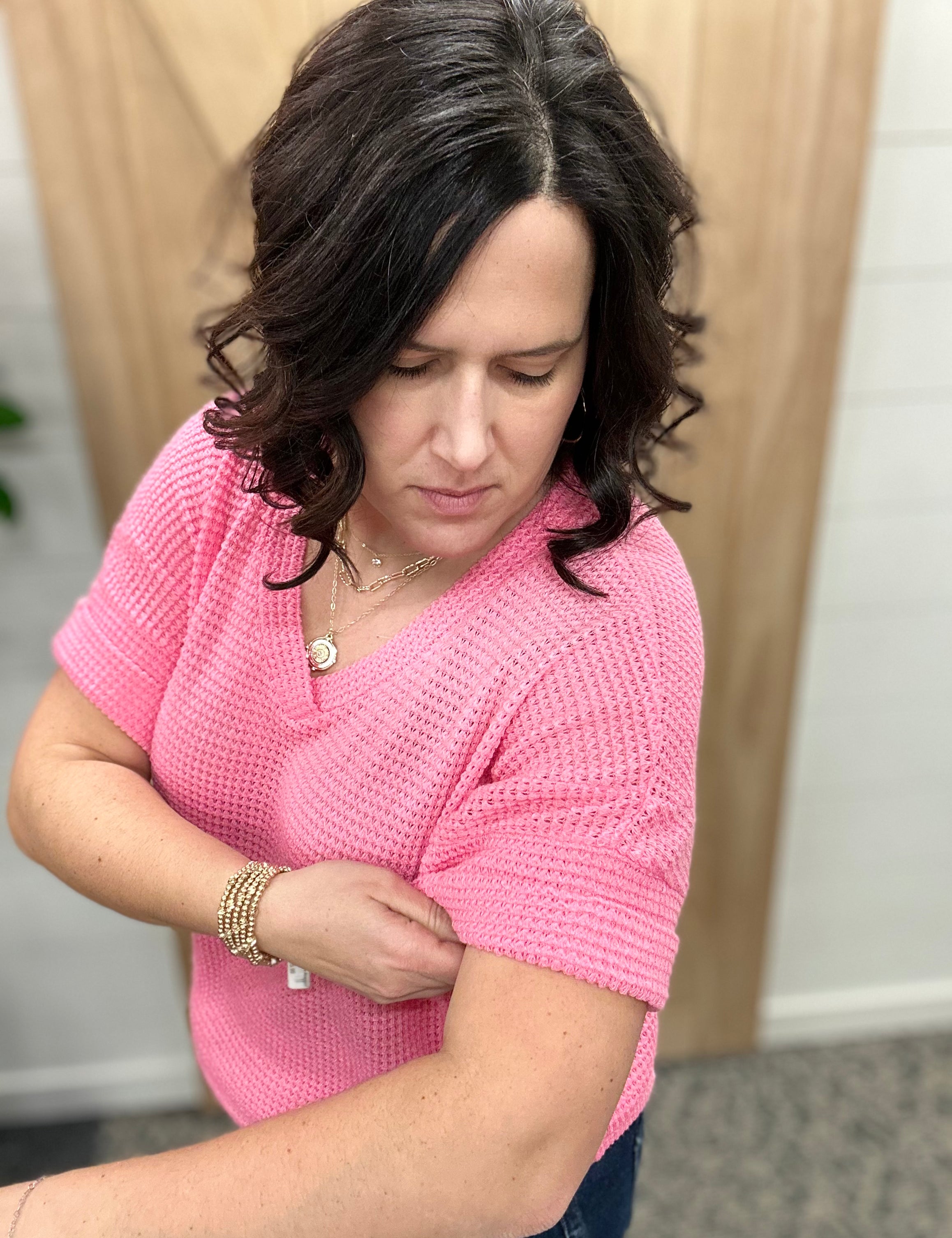 Pink Short Sleeve Crochet Top Tops- Blouses ANDREE