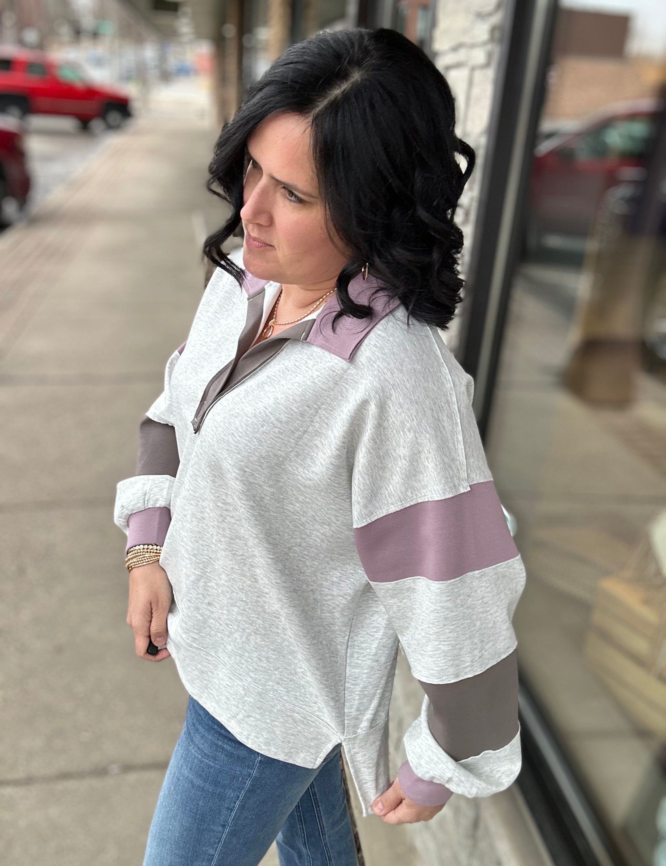 Color Block Sleeves Top in Ash Grey/Orchid Top - Sweatshirt BUCKETLIST