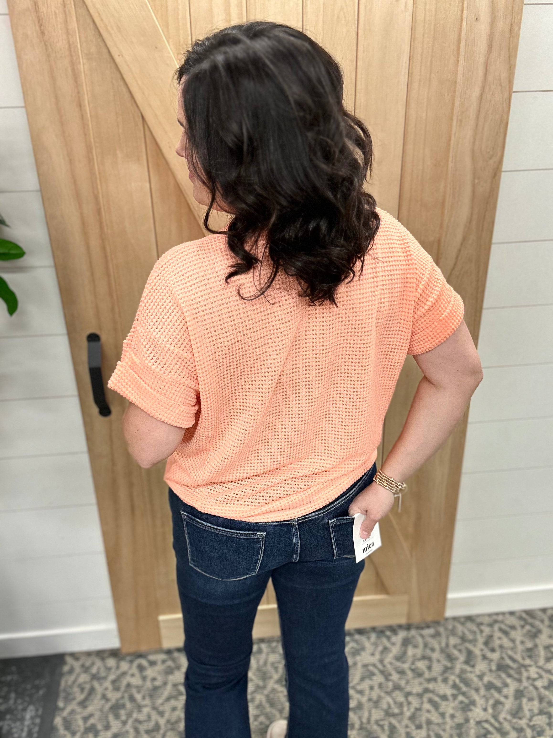 Neon Coral Short Sleeve Crochet Top Tops- Blouses ANDREE