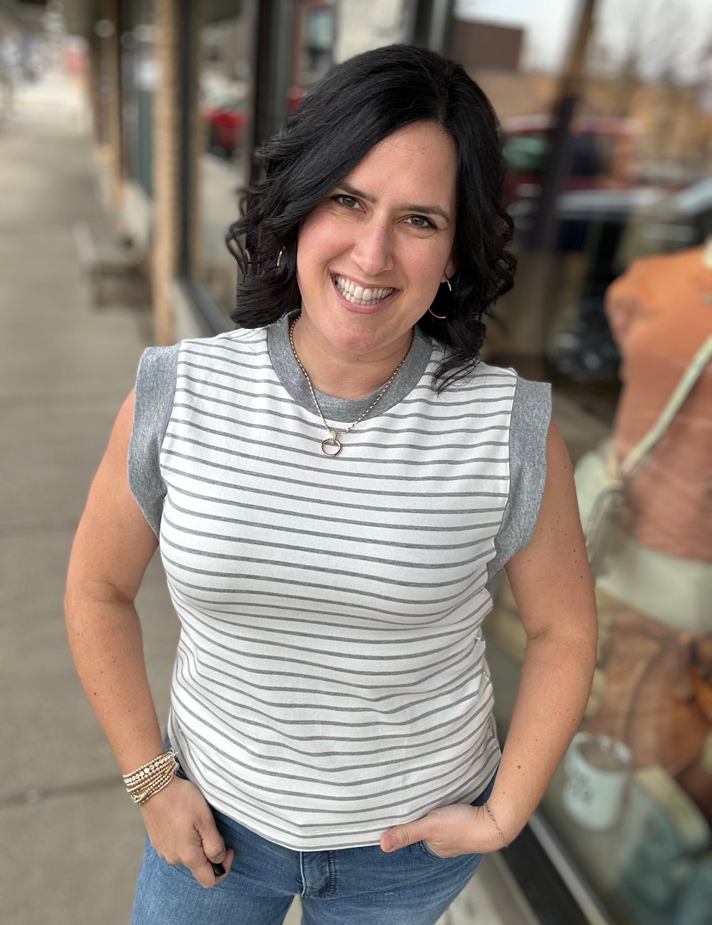 Grey Striped French Terry Tank Top Tops- Tanks DOE & RAE