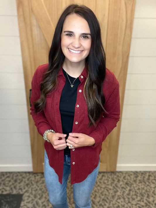 Burgundy Brushed Button Down Top