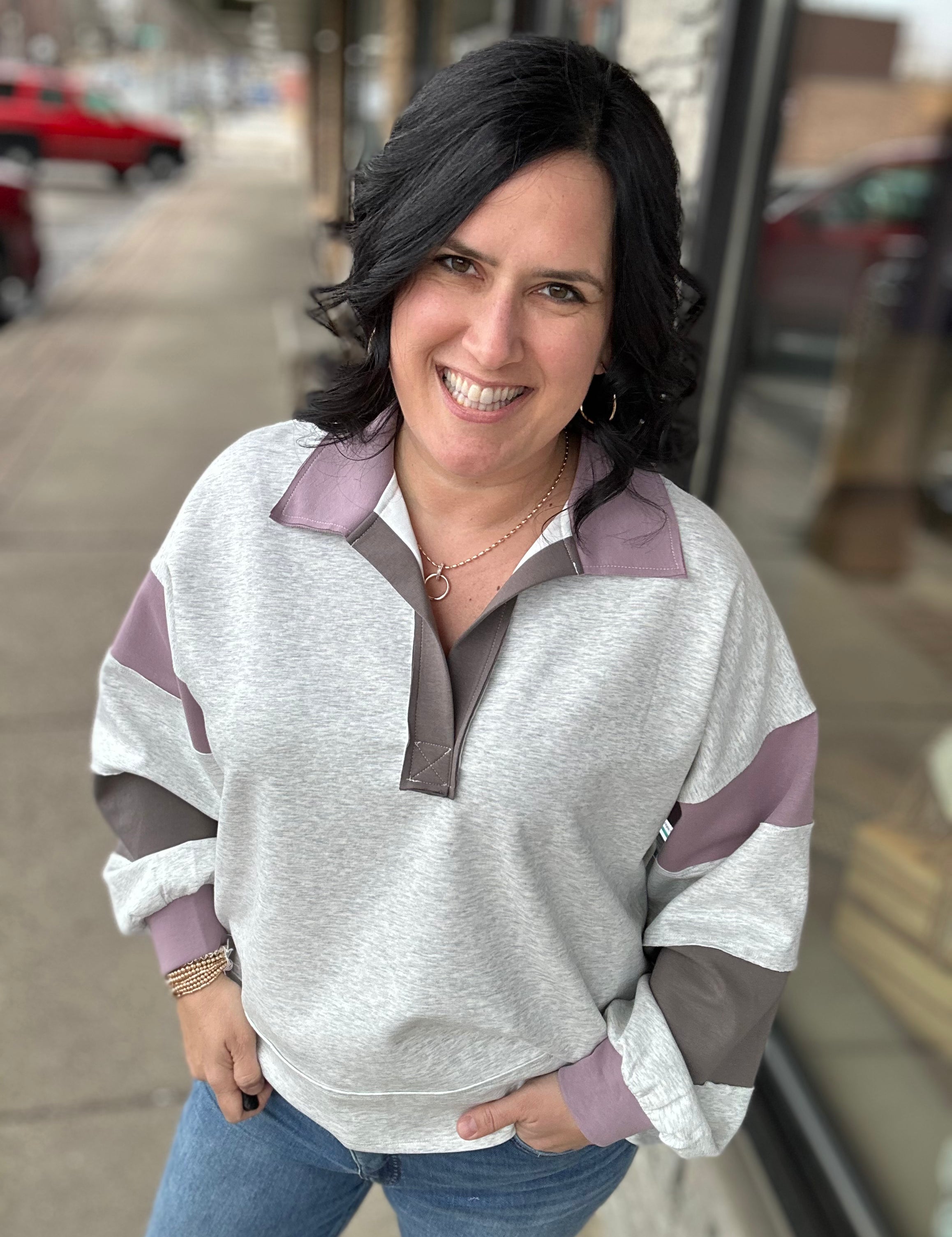 Color Block Sleeves Top in Ash Grey/Orchid Top - Sweatshirt BUCKETLIST