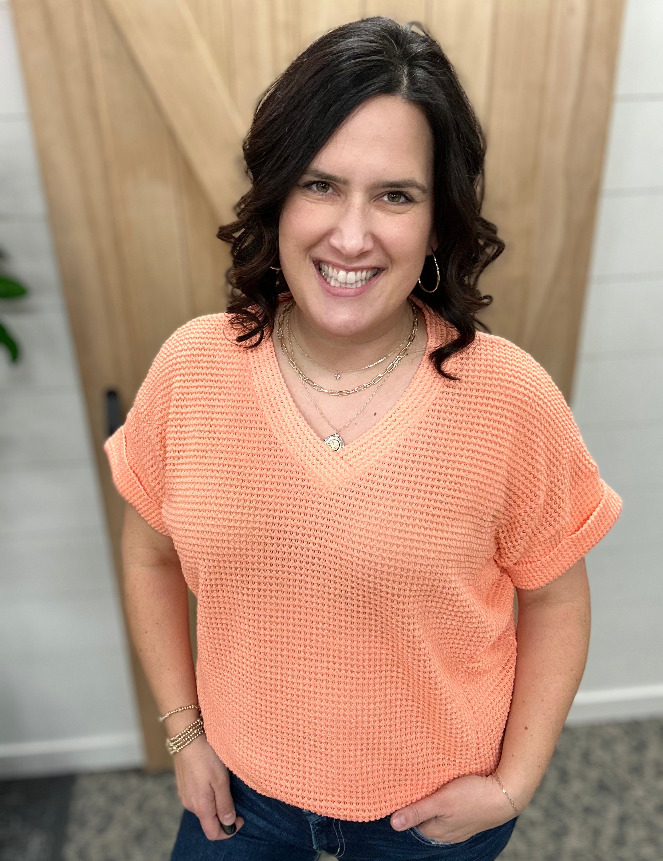 Neon Coral Short Sleeve Crochet Top Tops- Blouses ANDREE