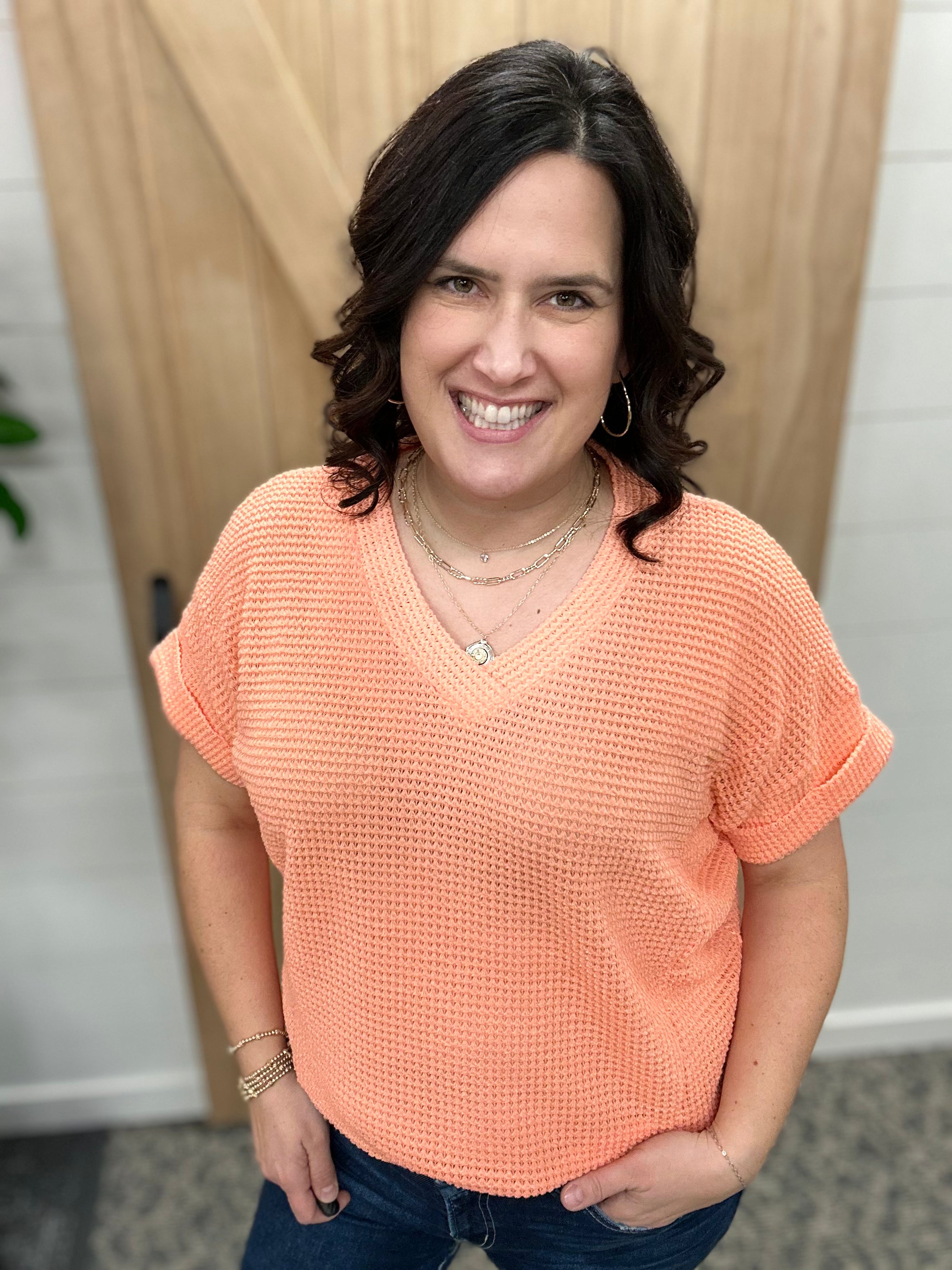 Neon Coral Short Sleeve Crochet Top Tops- Blouses ANDREE