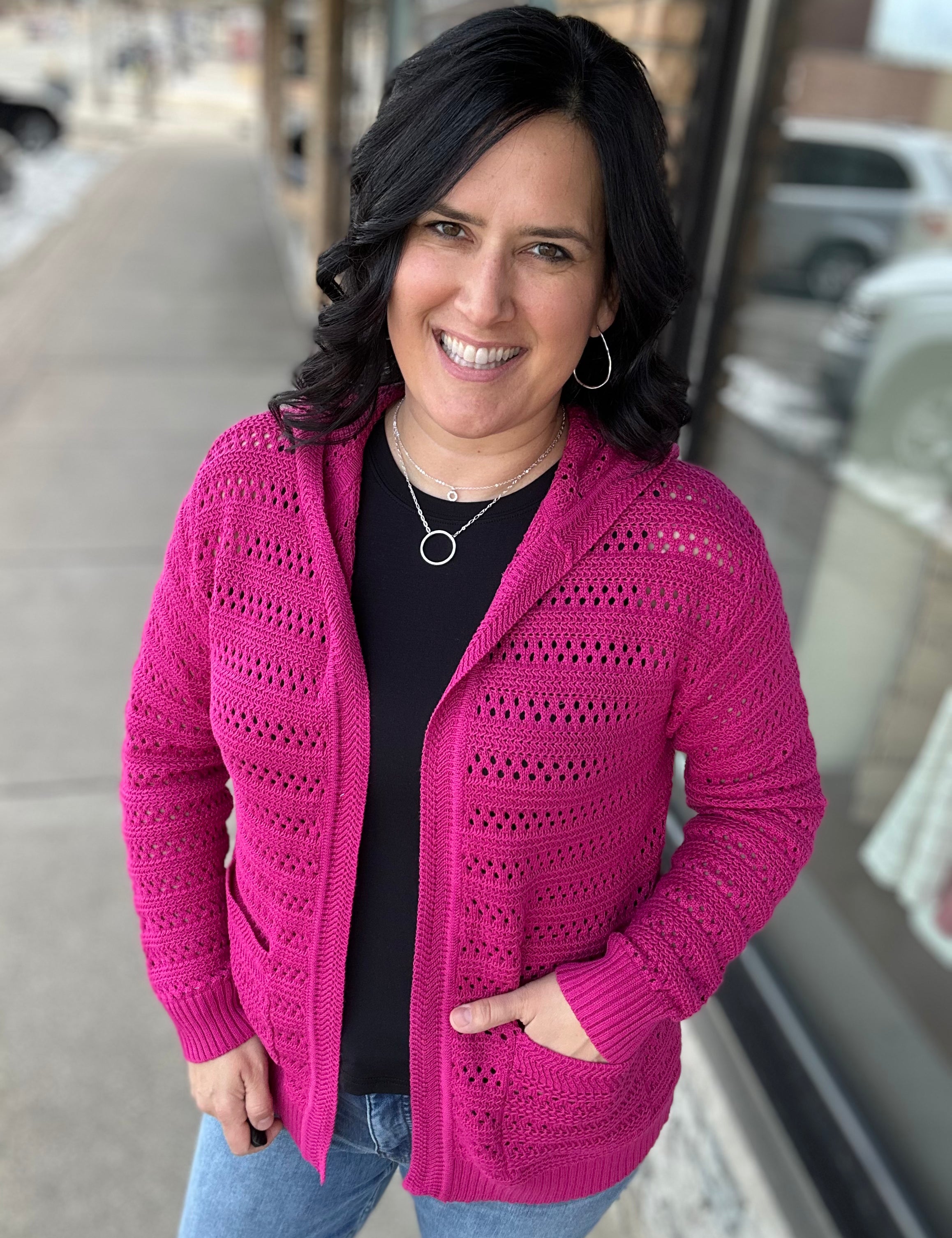 Magenta Crochet Open Cardigan Tops- Cardigans STACCATO