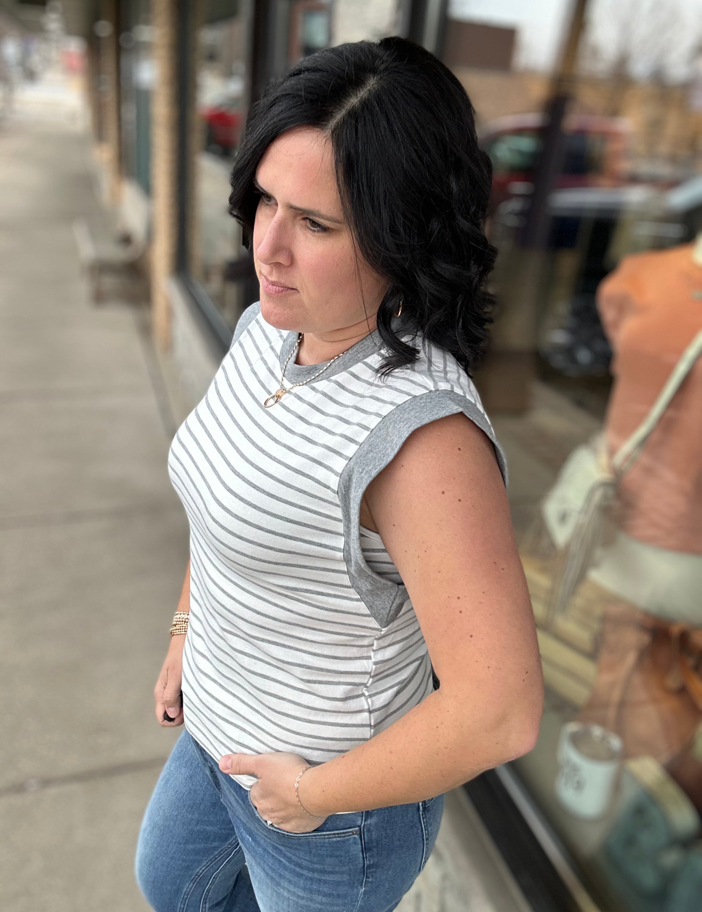 Grey Striped French Terry Tank Top Tops- Tanks DOE & RAE