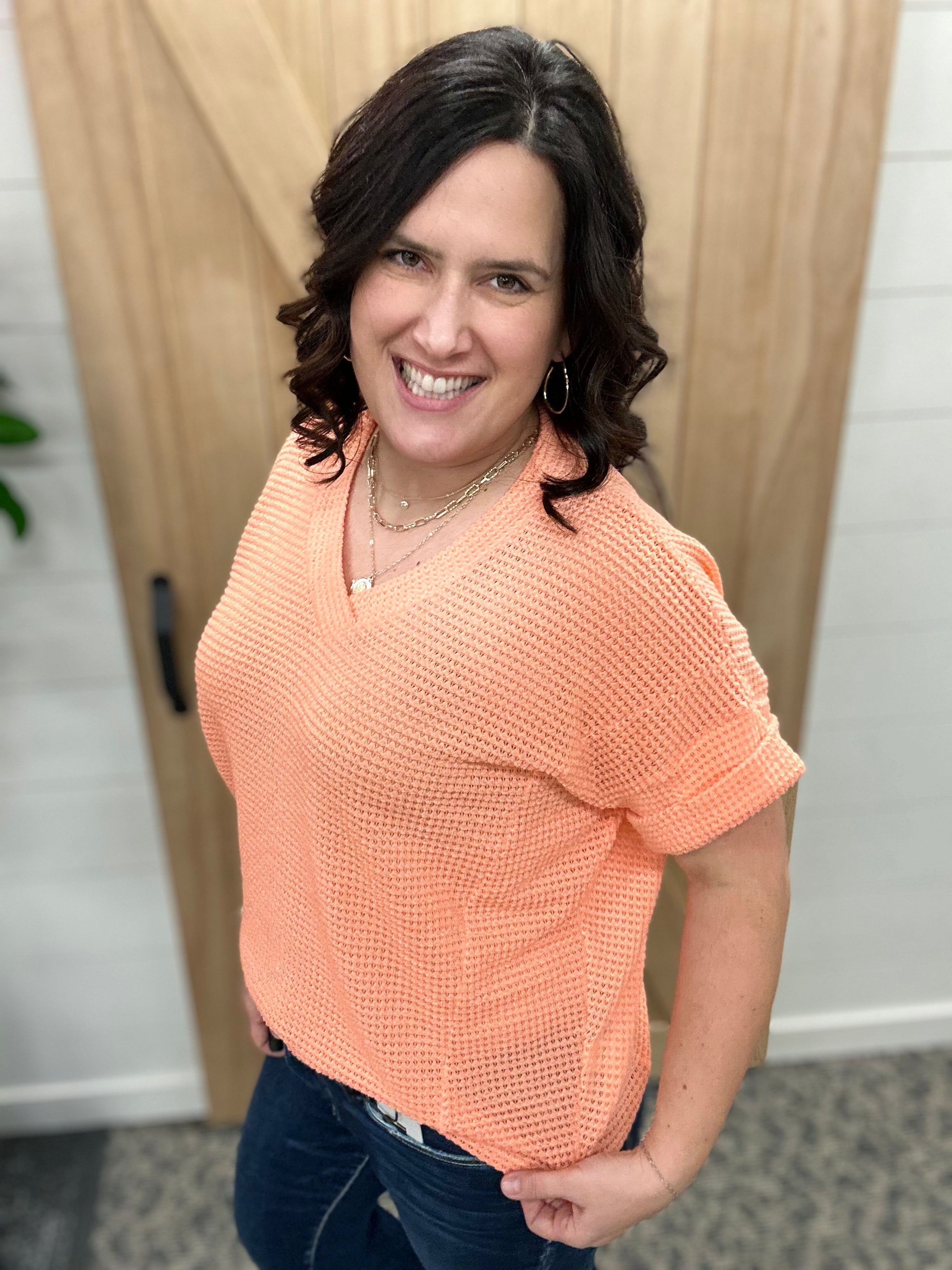 Neon Coral Short Sleeve Crochet Top Tops- Blouses ANDREE