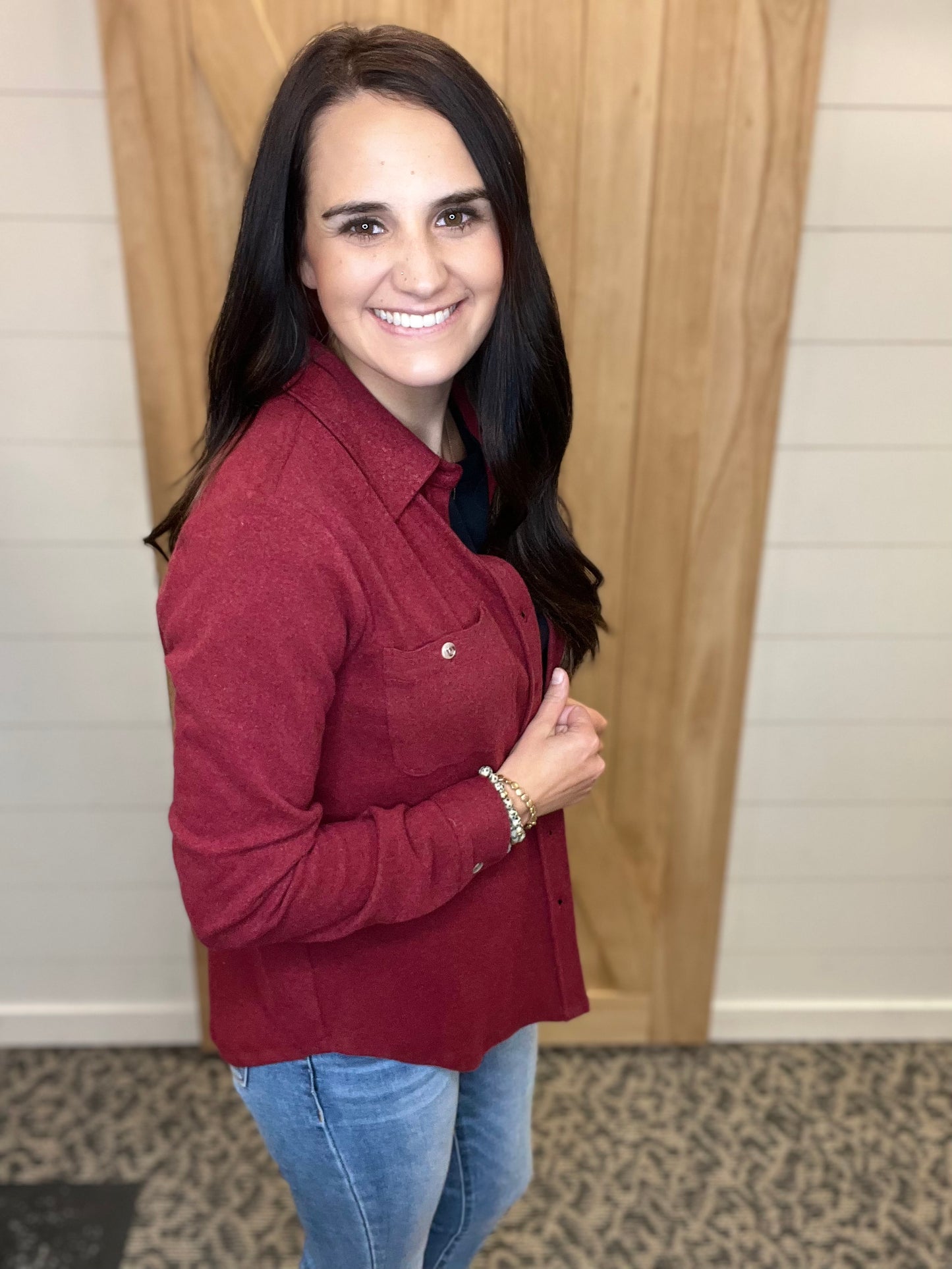 Burgundy Brushed Button Down Top