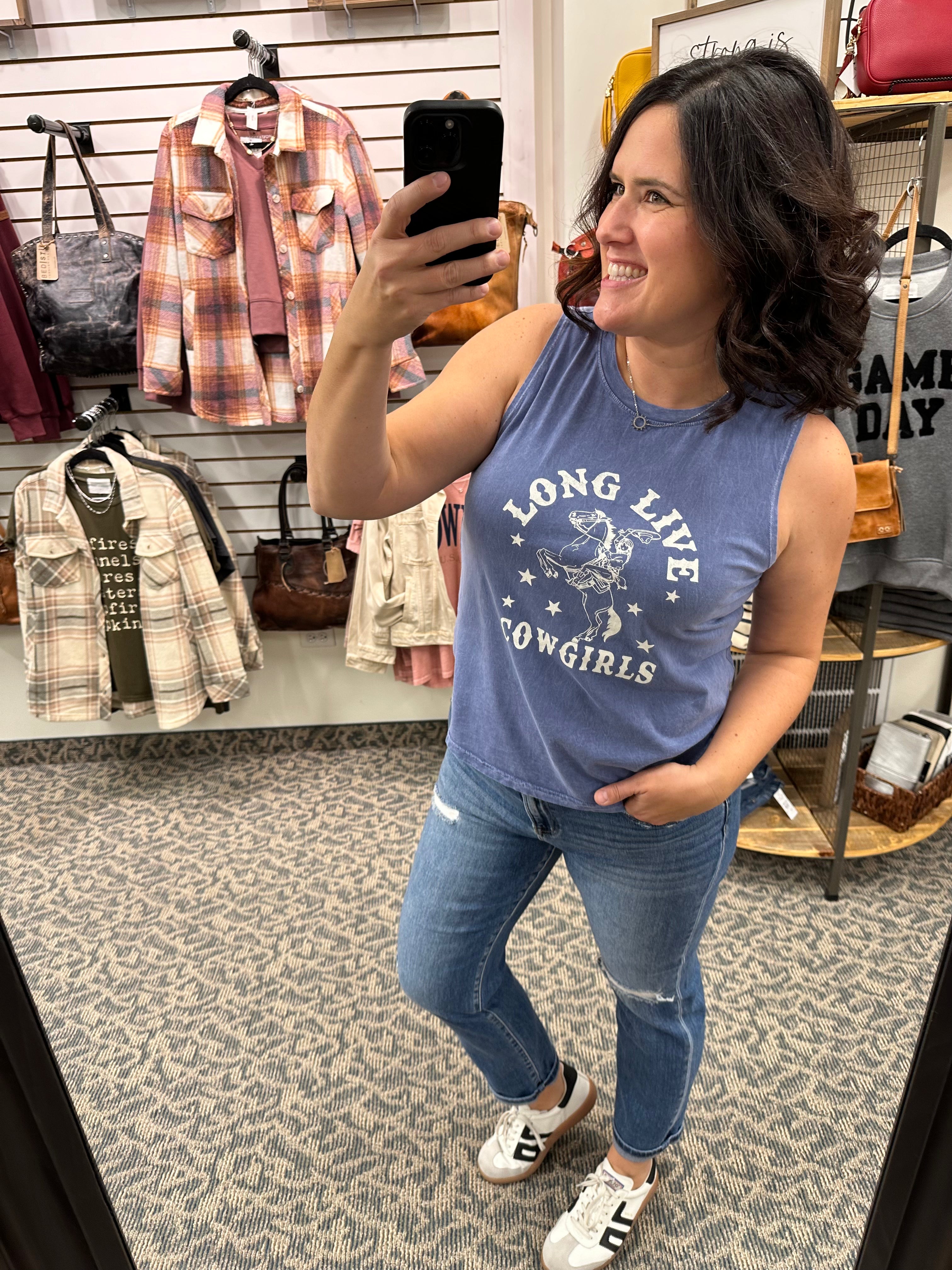 Denim Blue Long Live Cowgirls Tank Tops- Tanks OAT COLLECTIVE