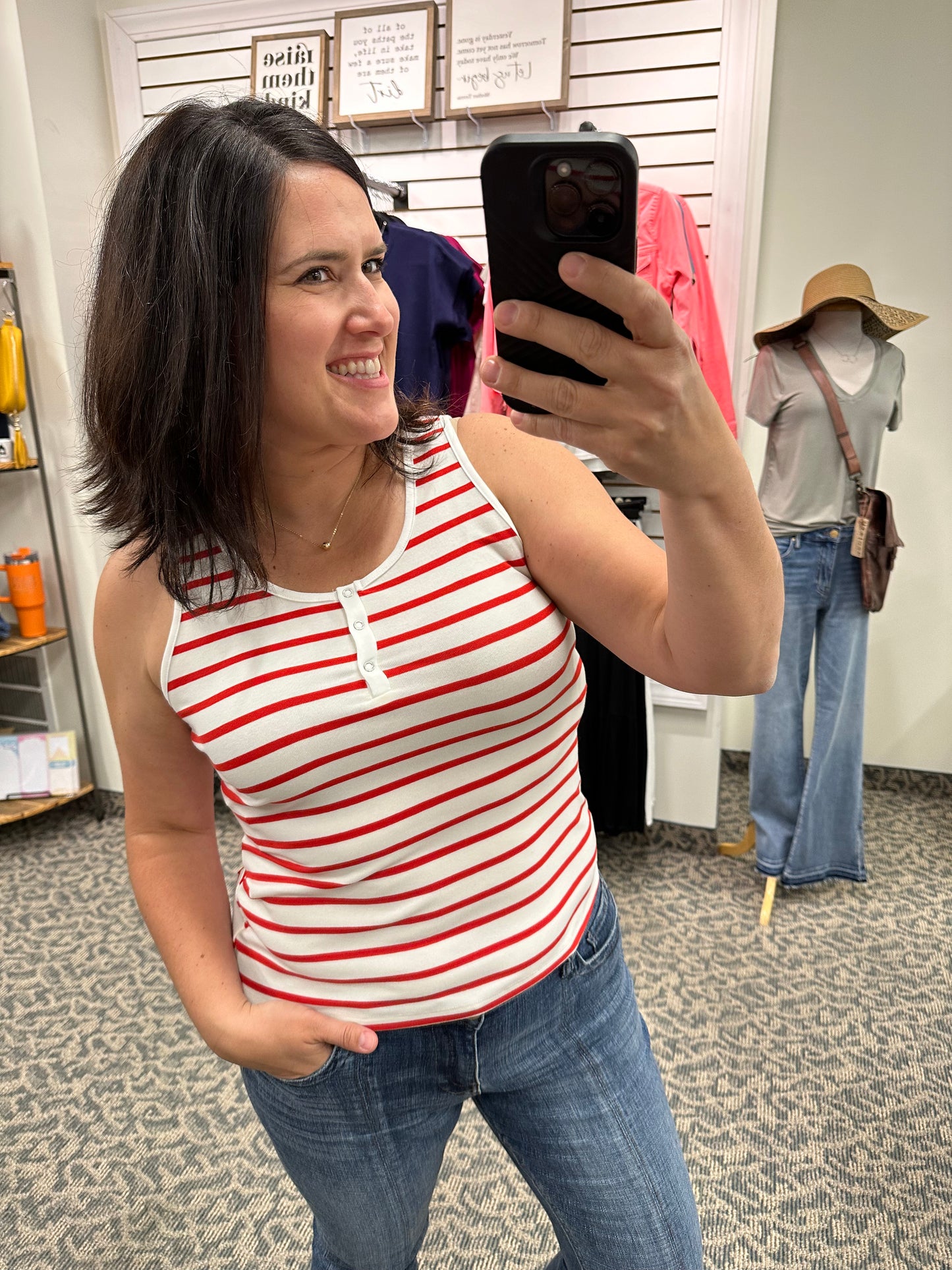 Red/white Henley Striped Tank