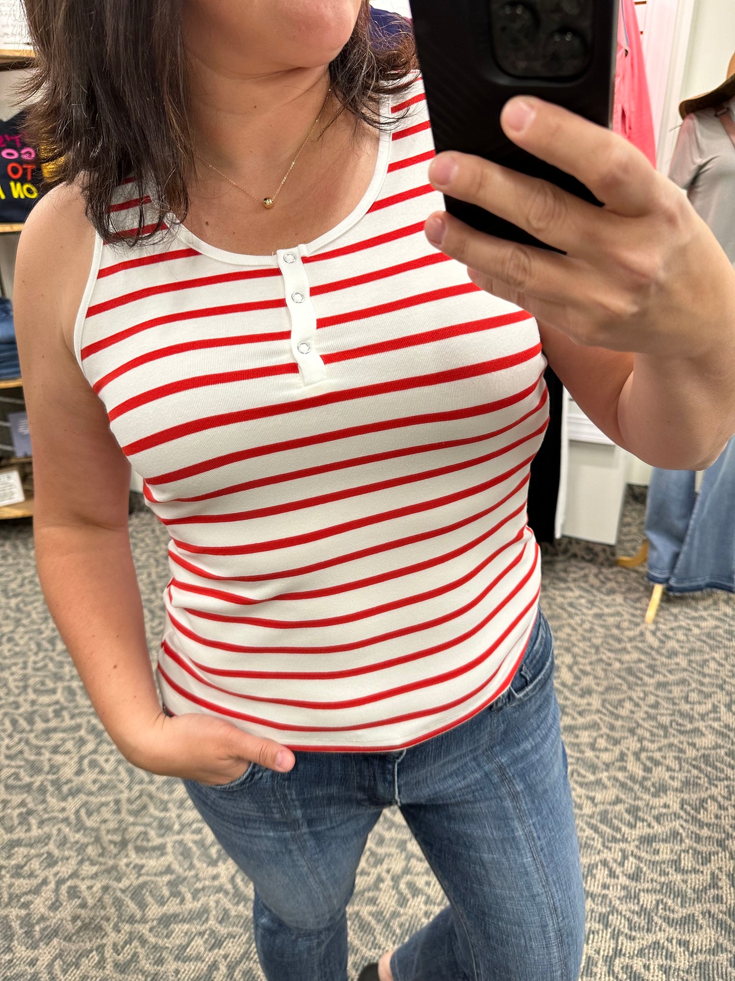 Red/white Henley Striped Tank