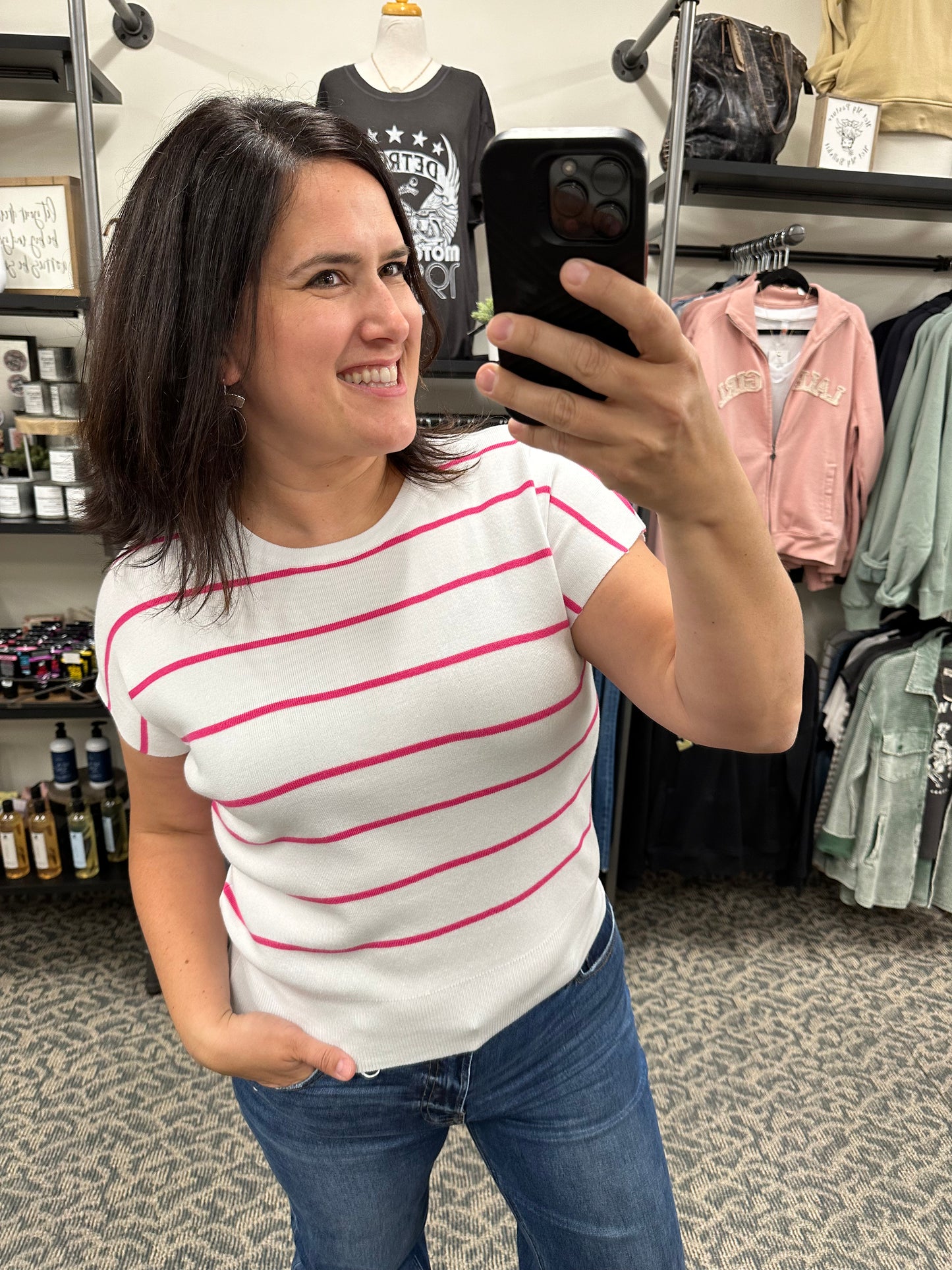 White/Hot Pink Stripe Sweater Top