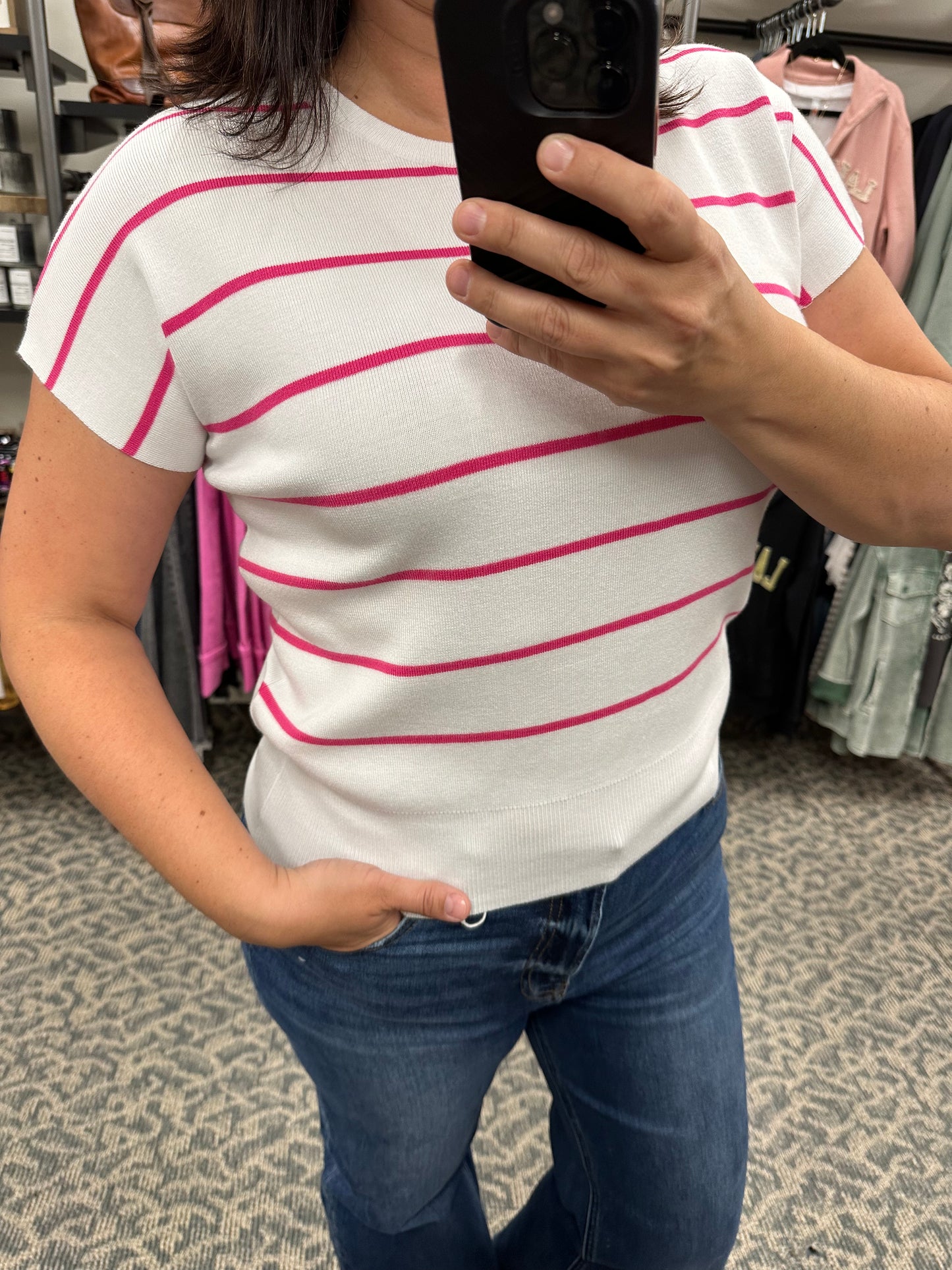 White/Hot Pink Stripe Sweater Top