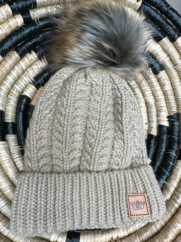 Tan Cable Knit Pom Hat