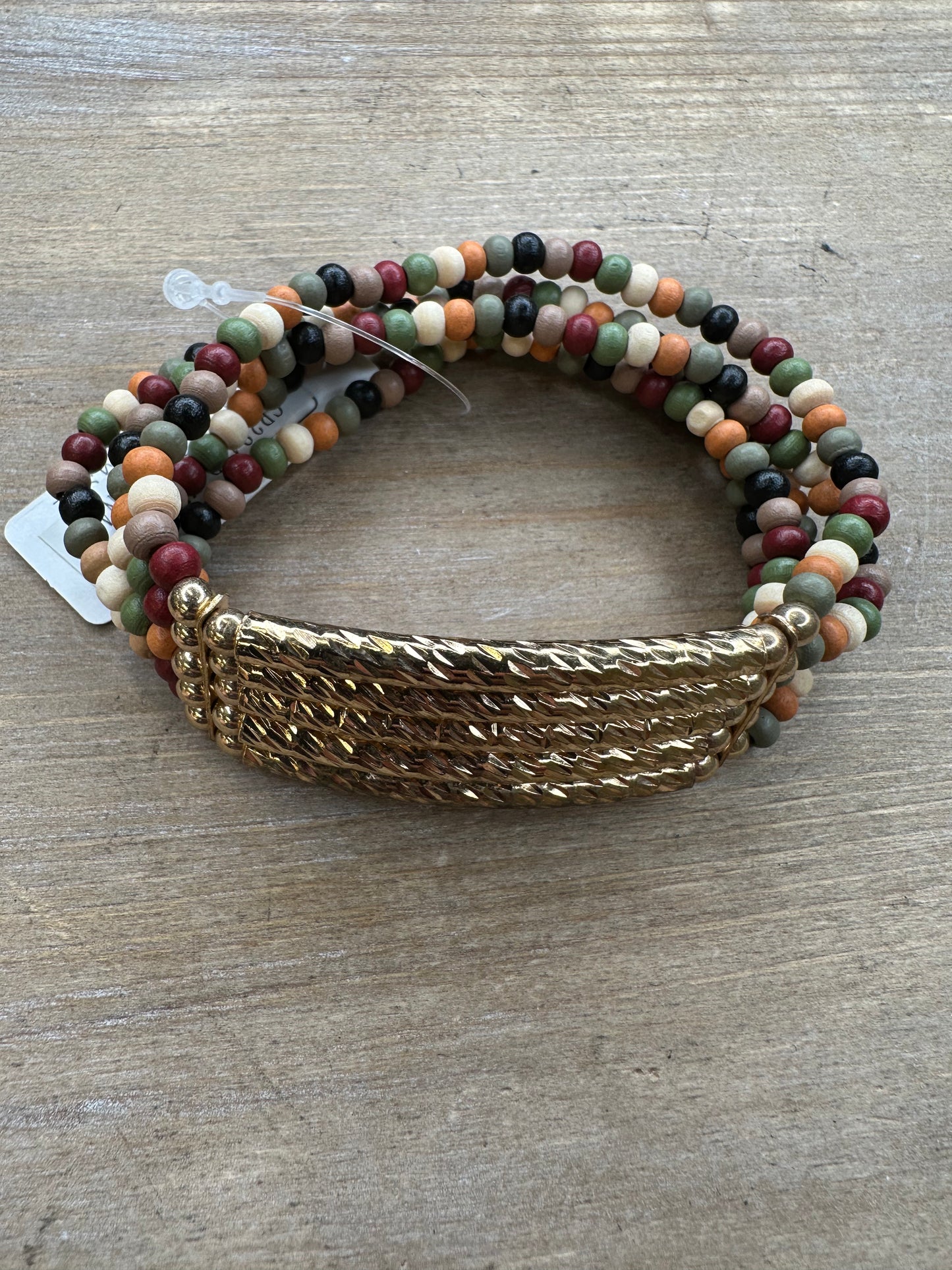 Multi Wood & Gold Stretch Bracelet