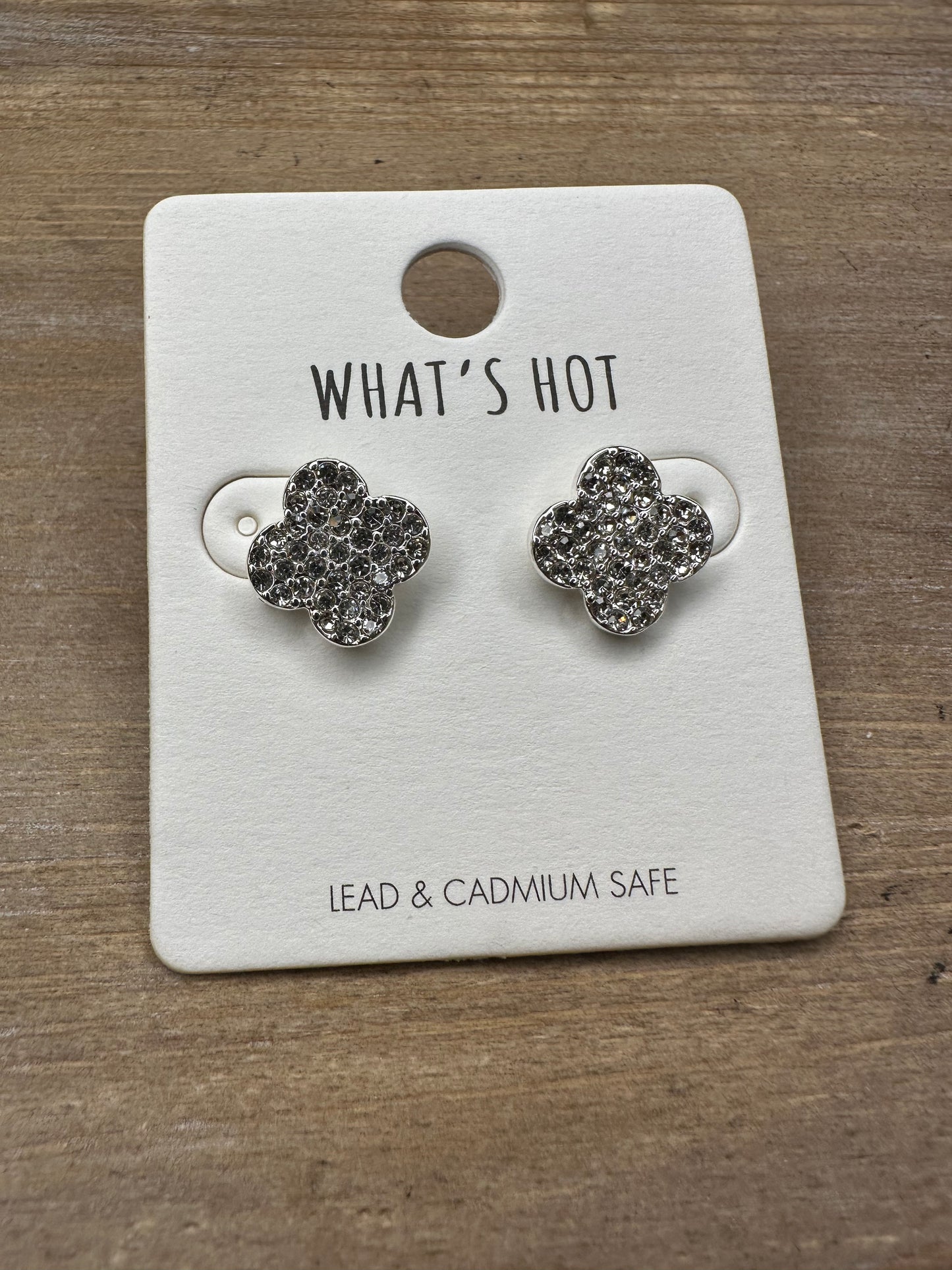 Silver Rhinestone Clover Earrings