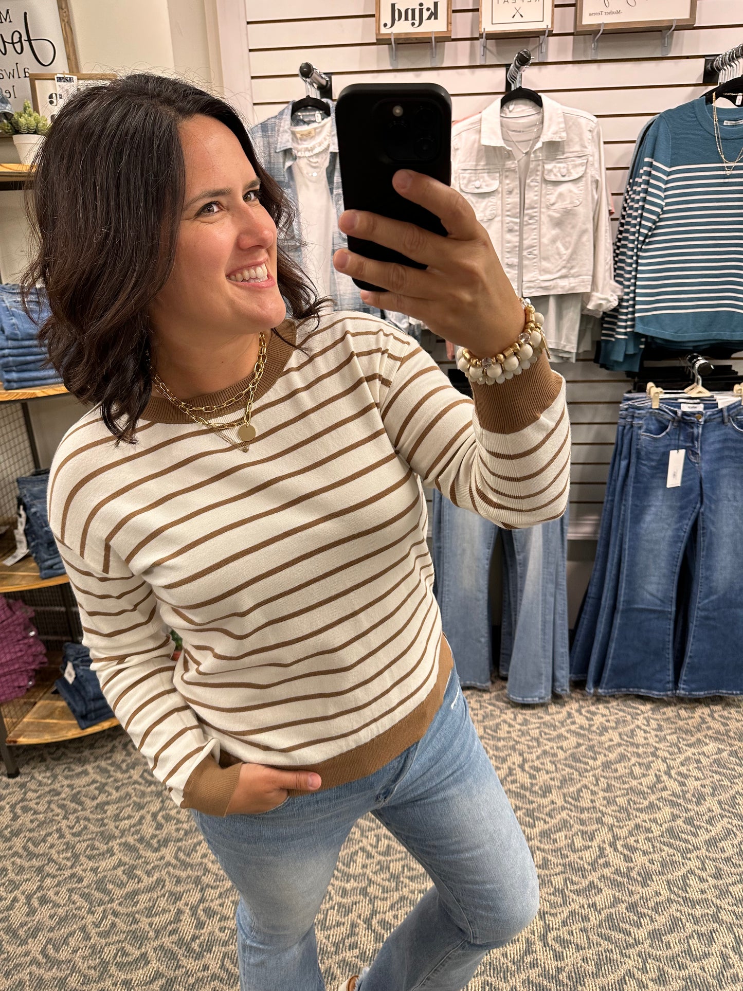 White/Taupe Striped Crew Neck