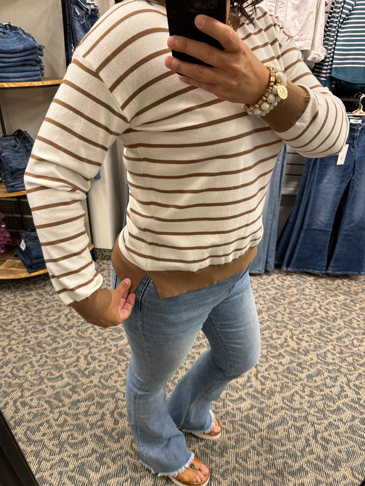 White/Taupe Striped Crew Neck