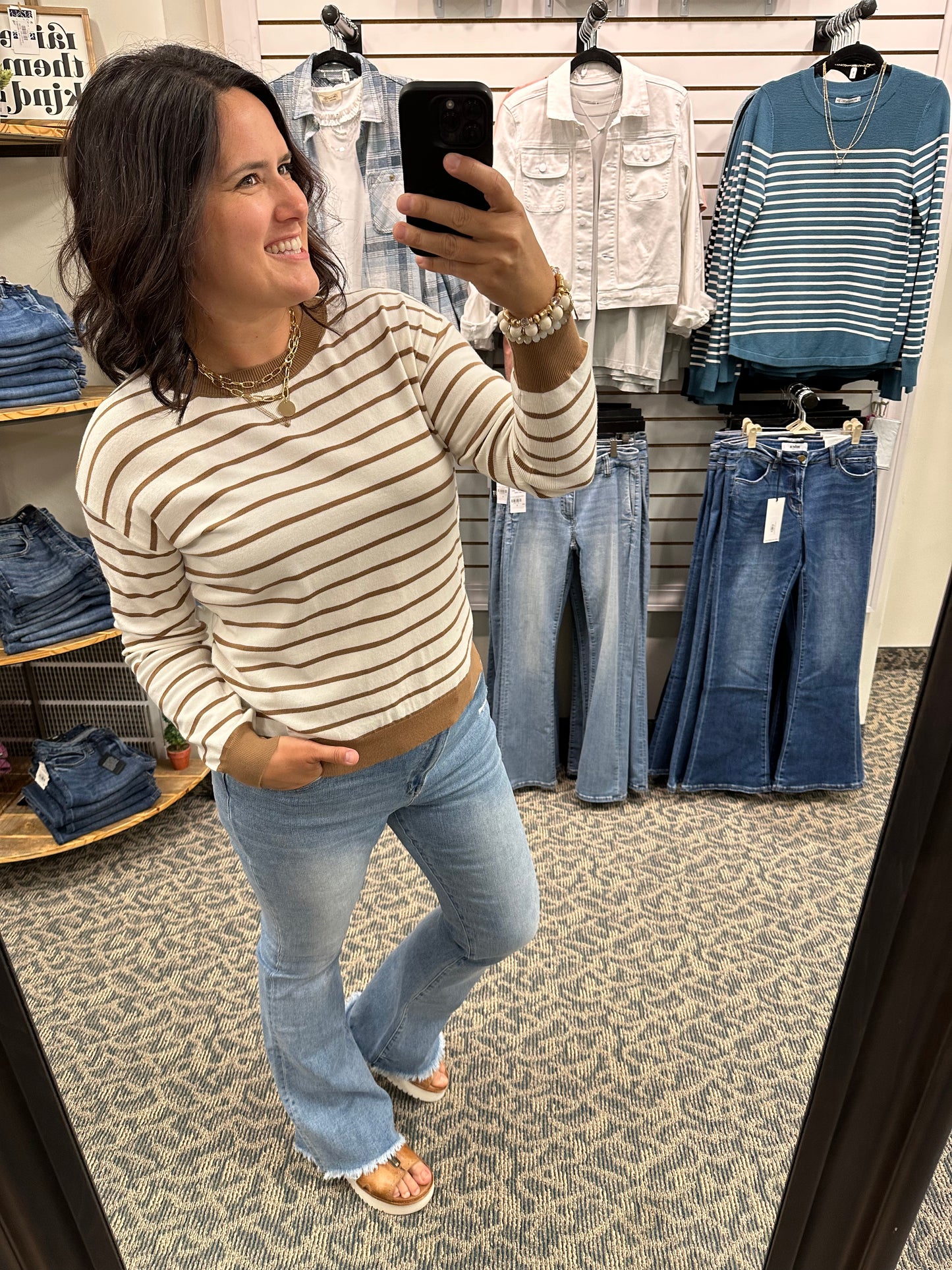 White/Taupe Striped Crew Neck