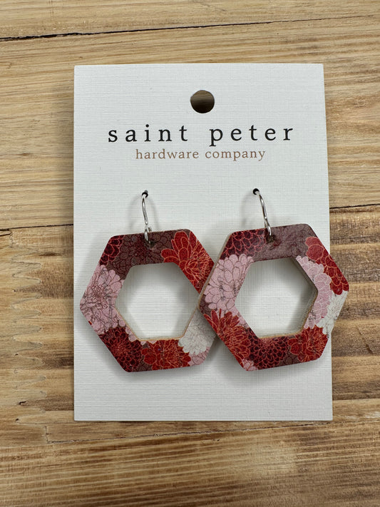 Red Flower Hexagon Earrings