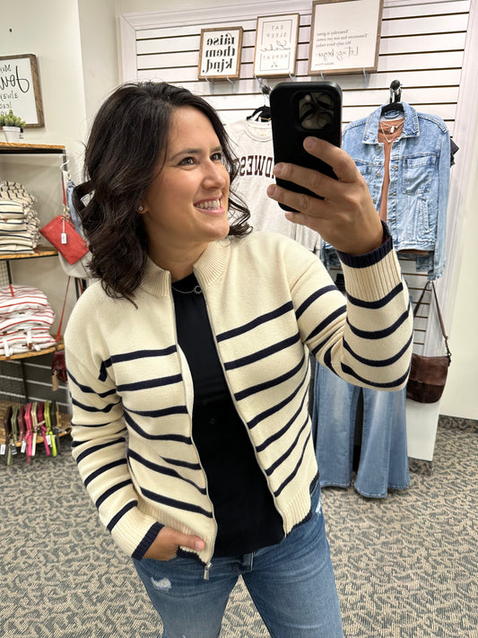 Ivory Striped Mock Neck Zip up Sweater