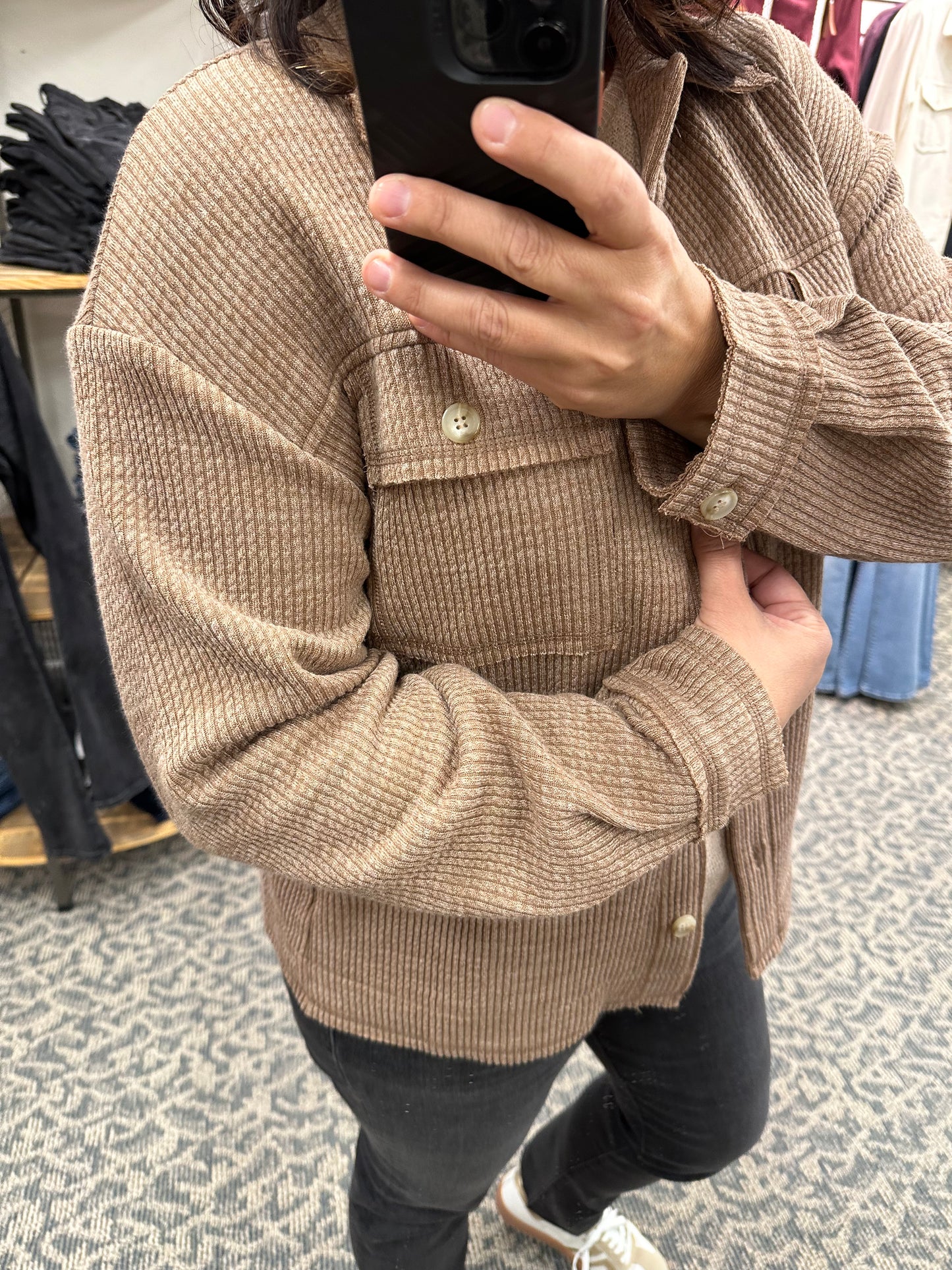 Taupe Ribbed Button Down Shacket