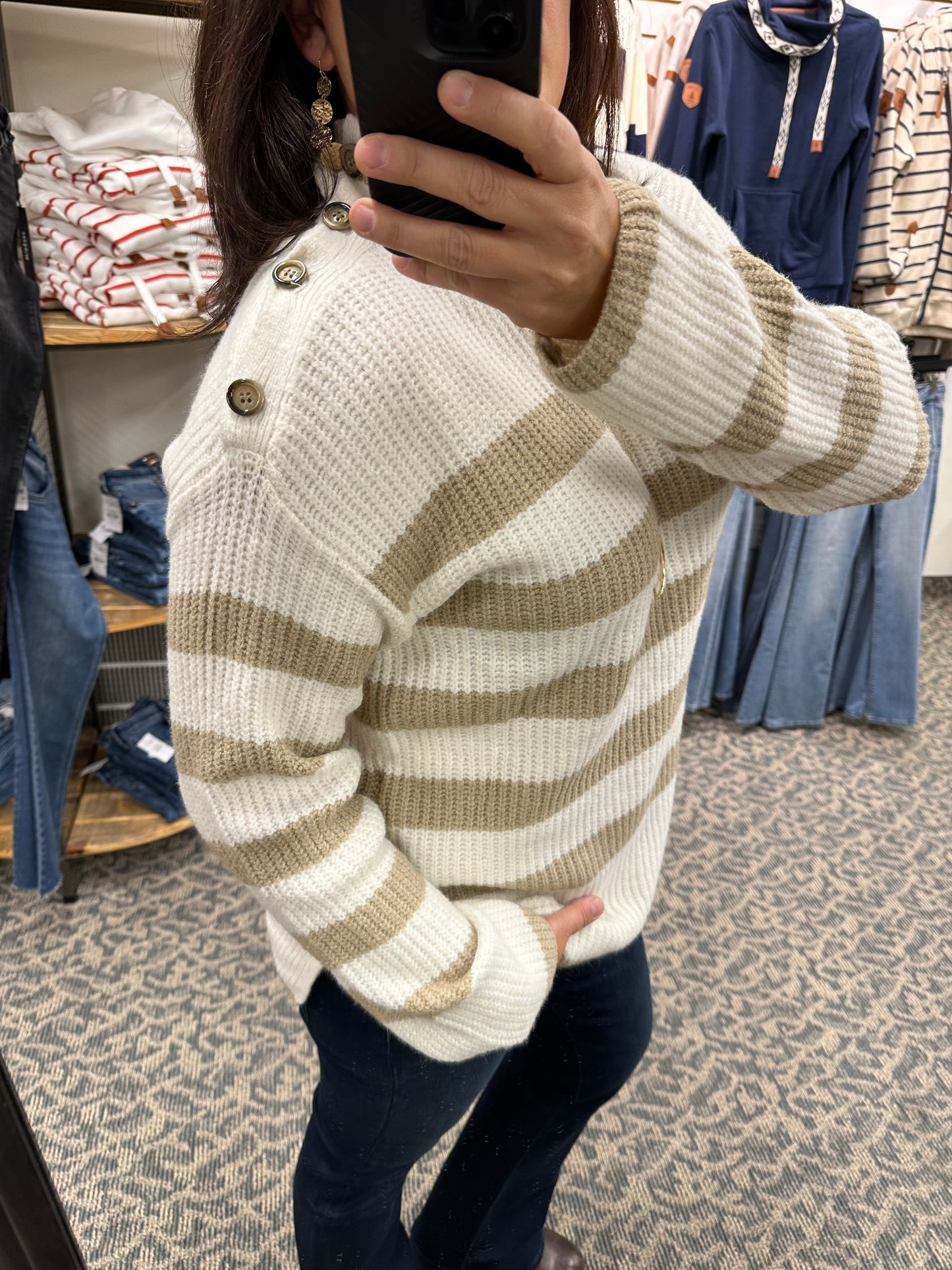 Taupe Striped Button Detail Sweater