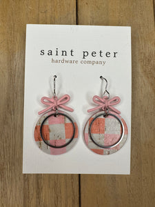 Pink Bow & Plaid Circle Earrings