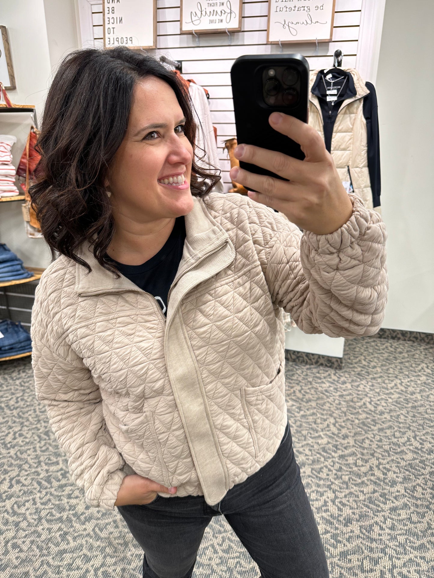 Taupe Quilted Bomber Jacket