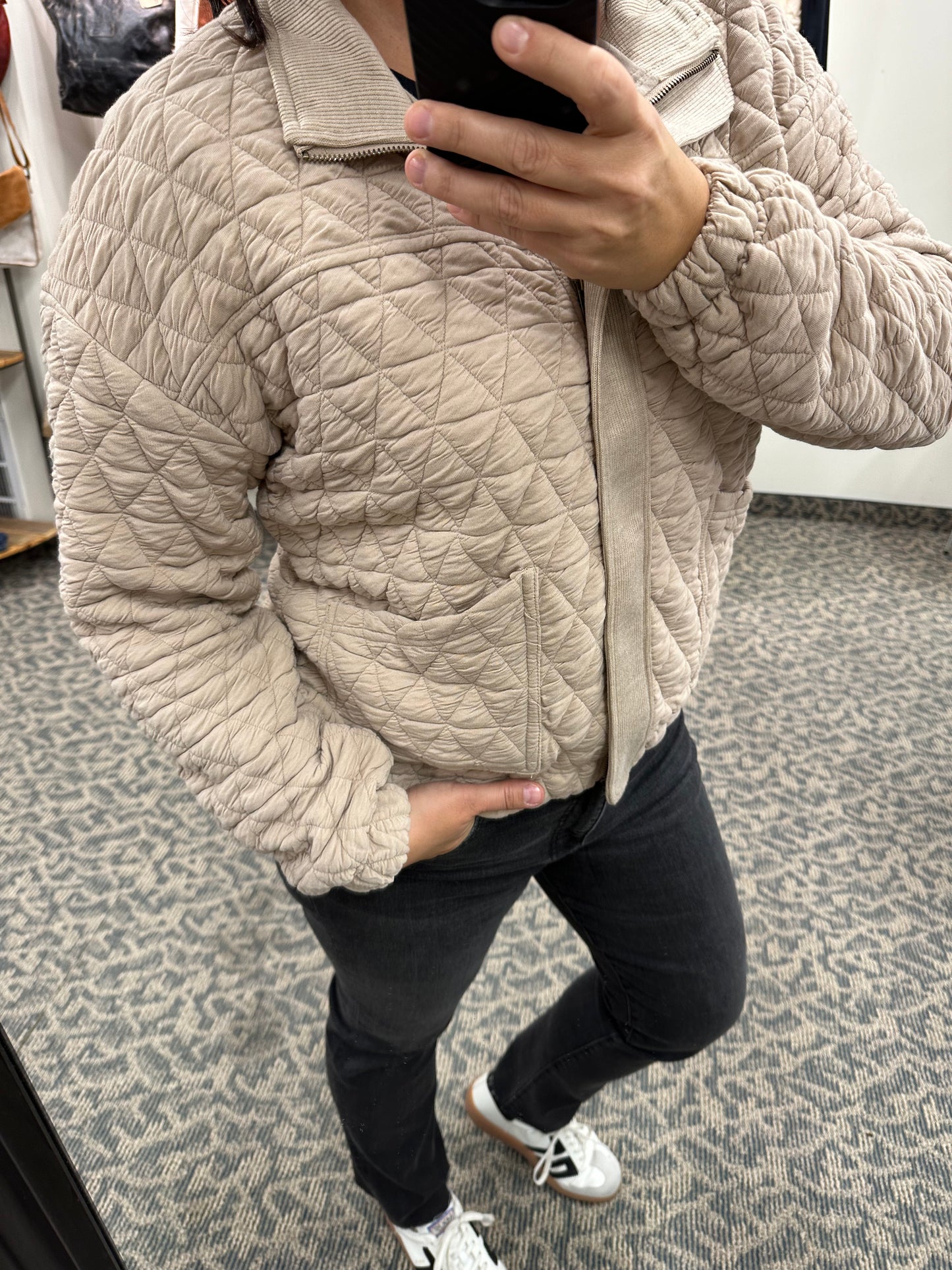 Taupe Quilted Bomber Jacket