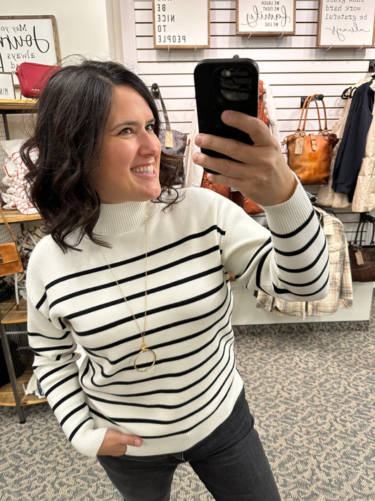 White/Black Striped Mock Neck Sweater