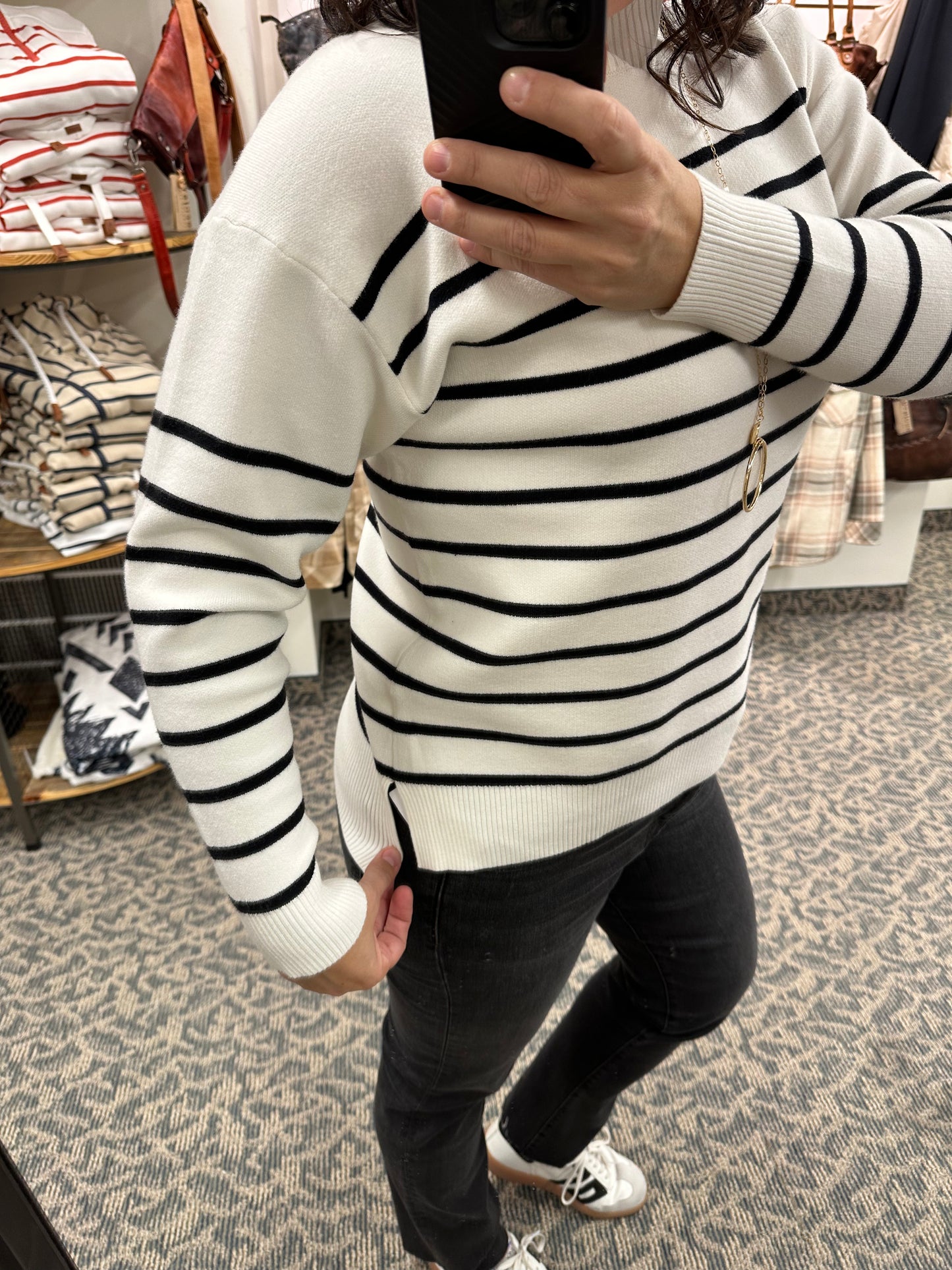 White/Black Striped Mock Neck Sweater