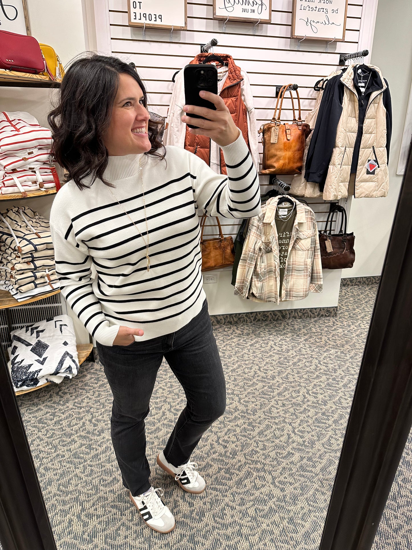 White/Black Striped Mock Neck Sweater