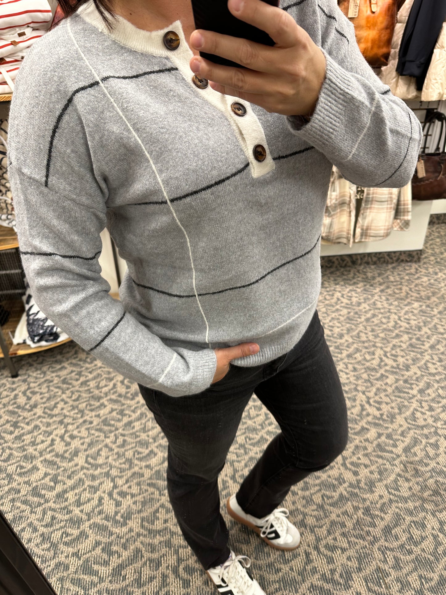 Heather Grey Checked Henley Sweater