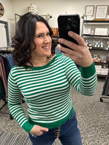 Green/Ivory Striped Boatneck Sweater