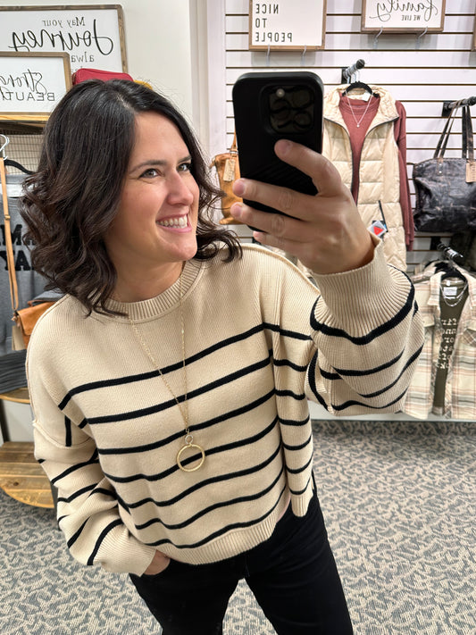 Taupe/Black Striped Crew Neck Sweater