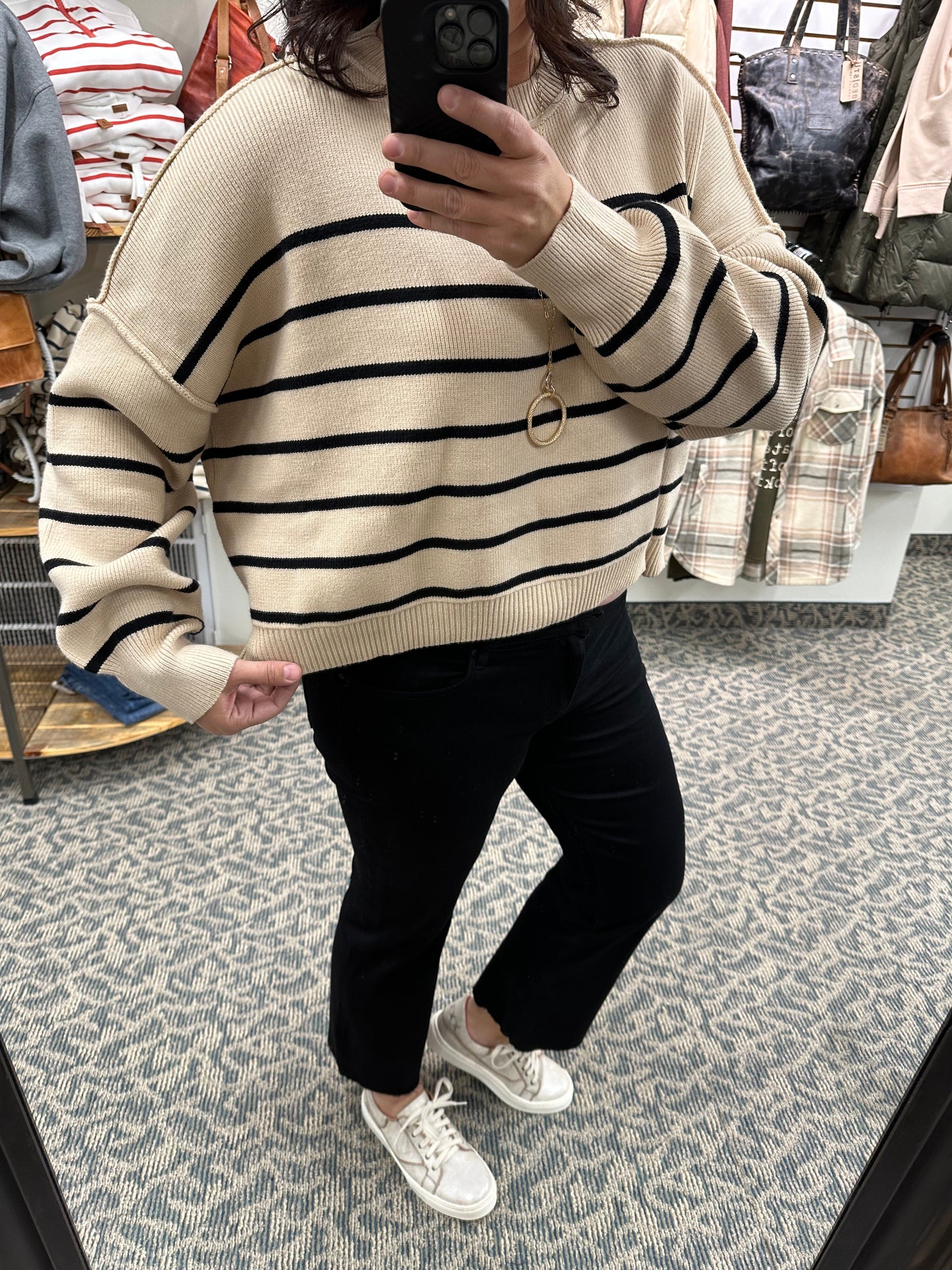 Taupe/Black Striped Crew Neck Sweater