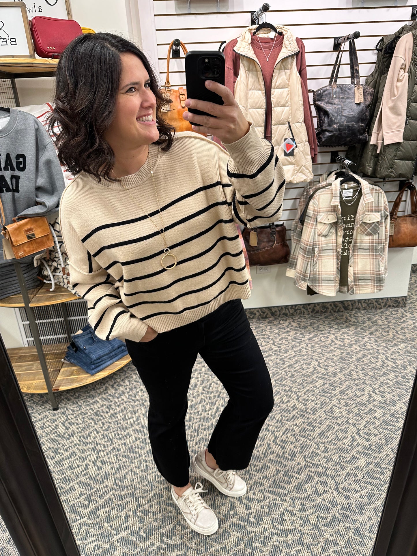 Taupe/Black Striped Crew Neck Sweater