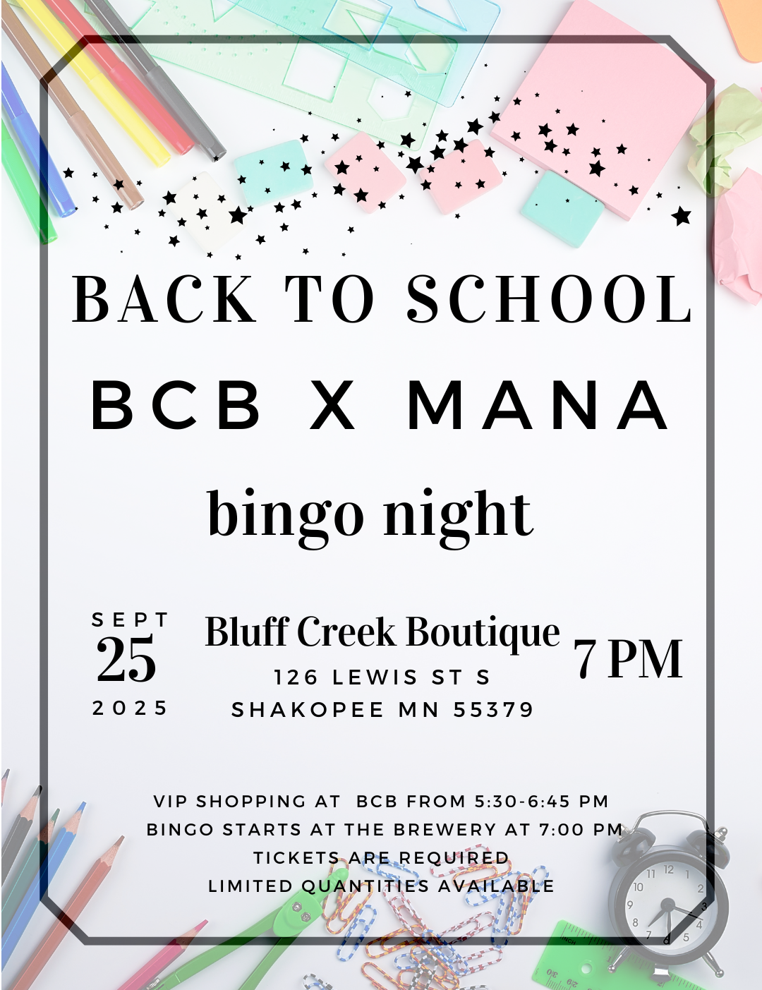 BINGO 9-25 BINGO TICKETS Bluff Creek Boutique