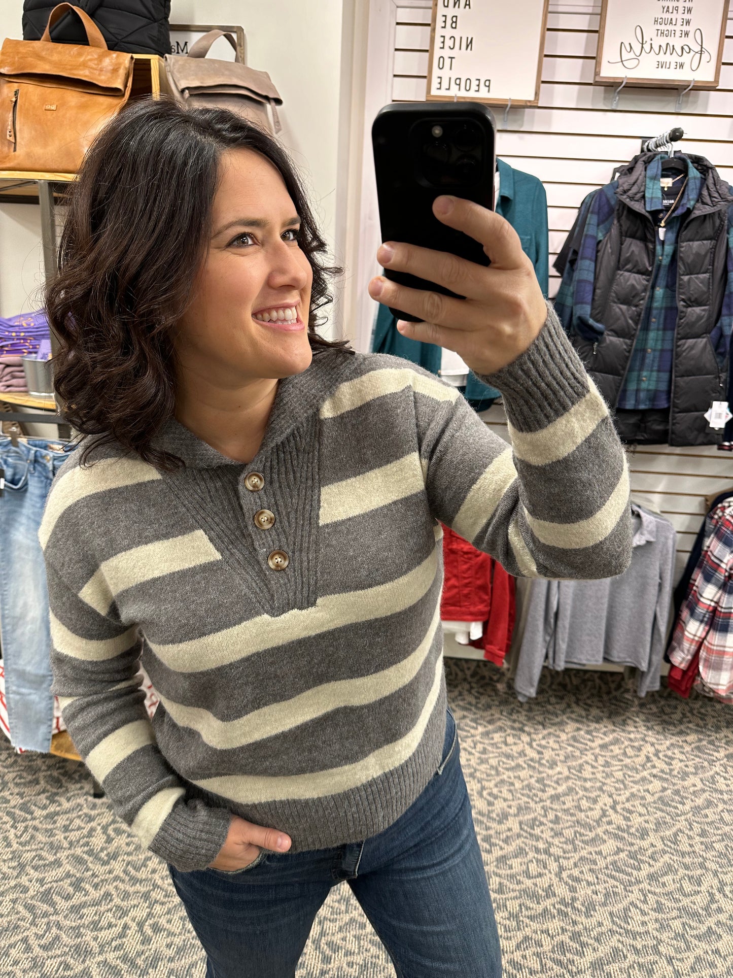 Charcoal Striped Henley Sweater