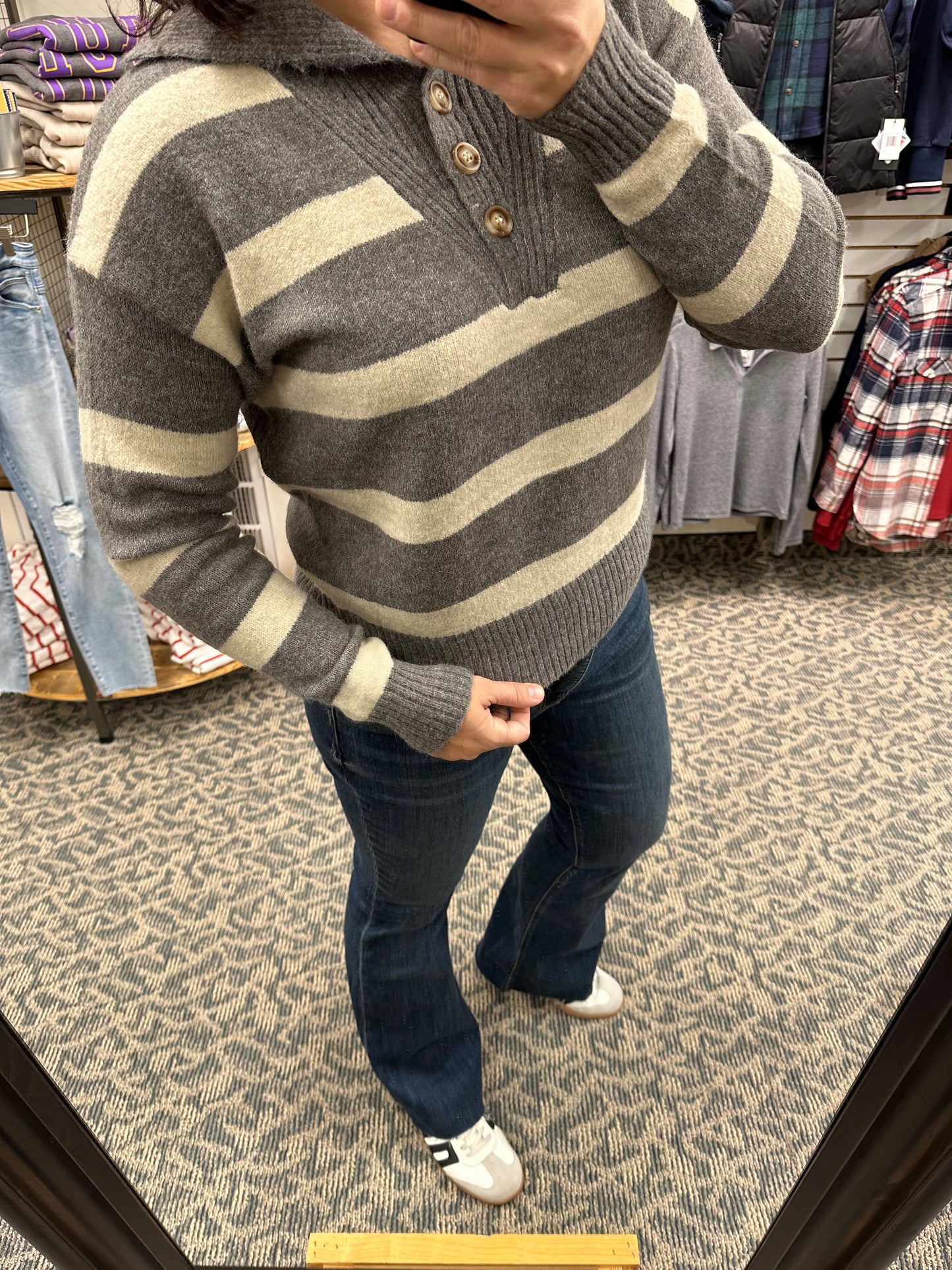 Charcoal Striped Henley Sweater