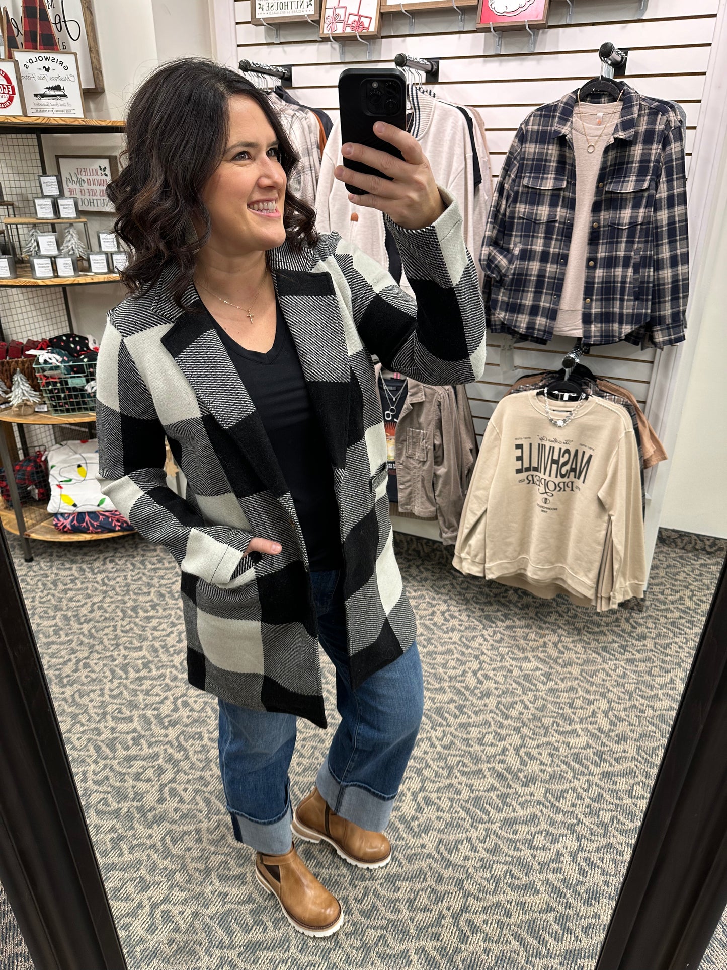 Kenzie Coat Black Ivory Plaid