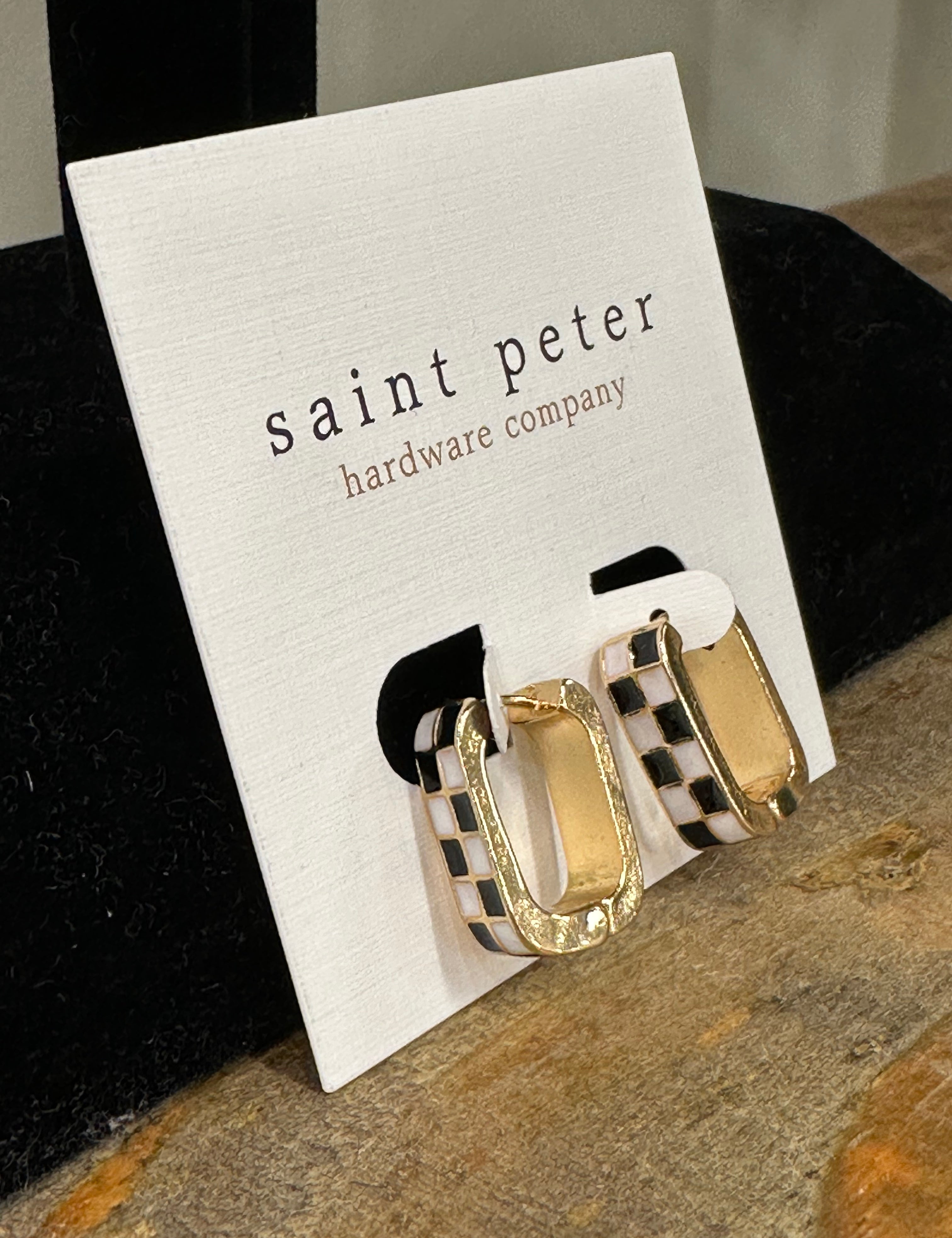 Black/White/Gold Checkered Flag Huggies Jewelry - Earrings St. Peter Hardware