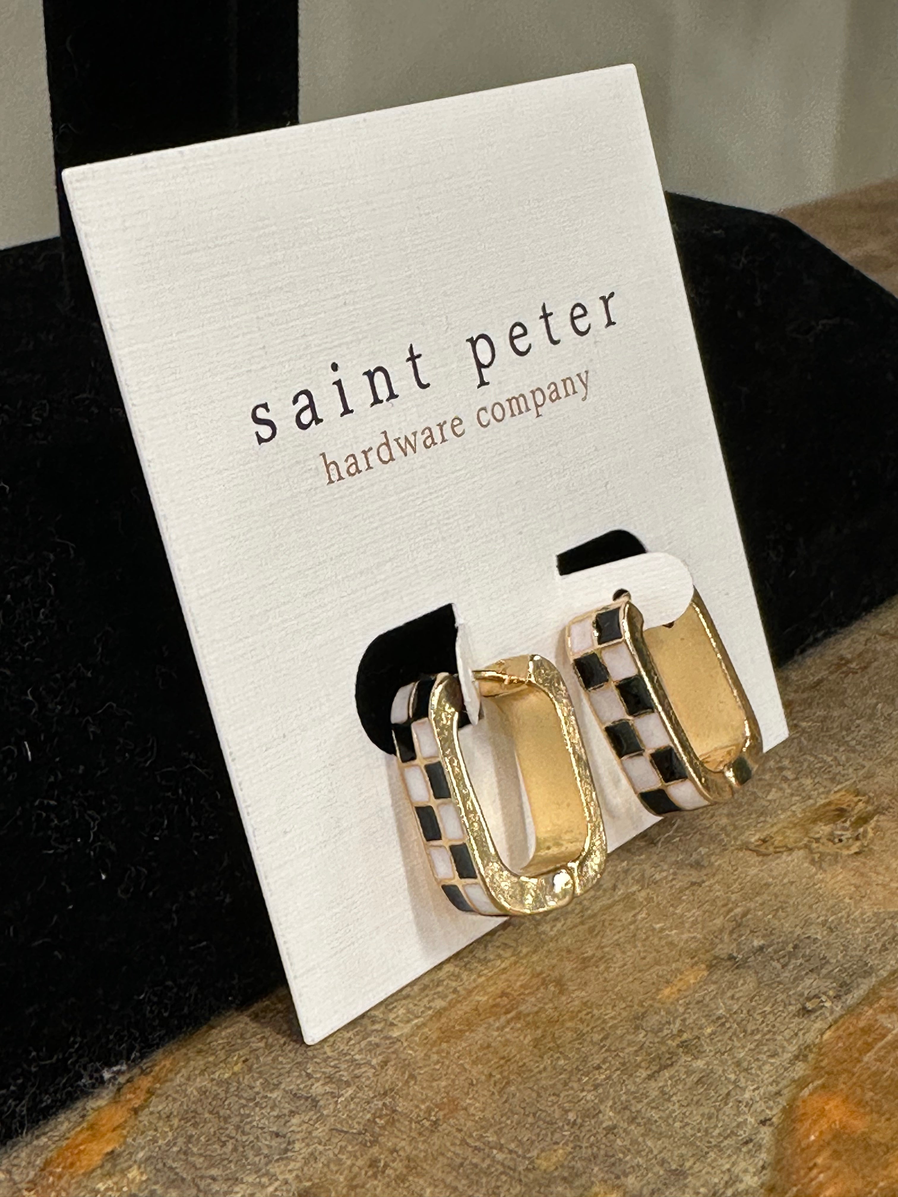 Black/White/Gold Checkered Flag Huggies Jewelry - Earrings St. Peter Hardware