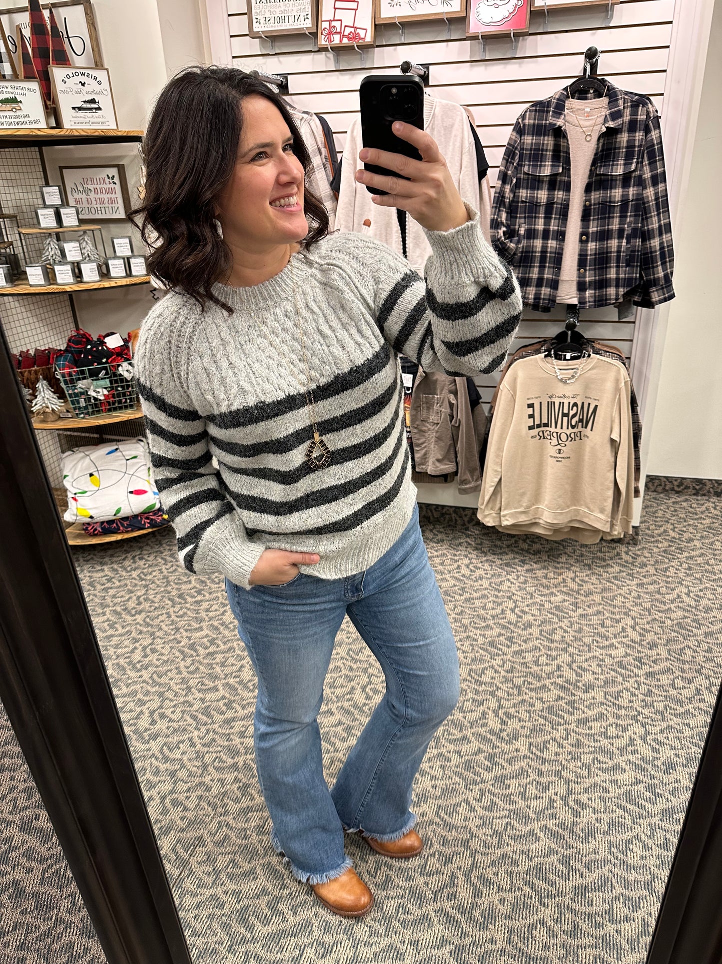 Grey Striped Pullover Sweater