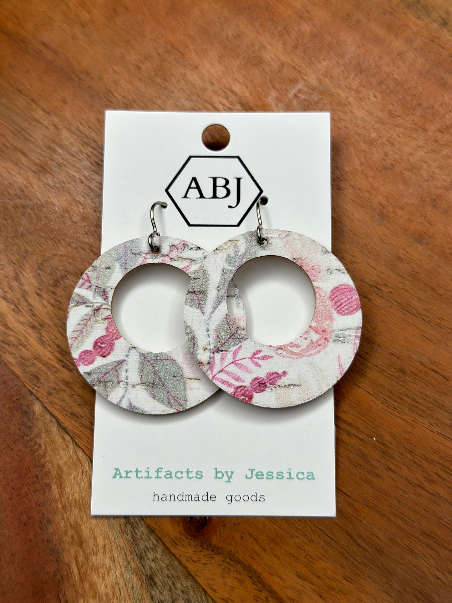 Pink Grey White Round Leather Earrings