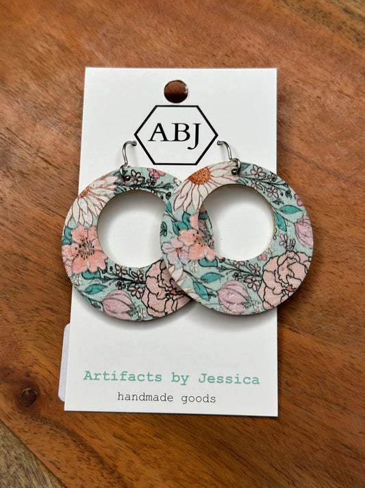 Green Pink White Round Leather Earrings