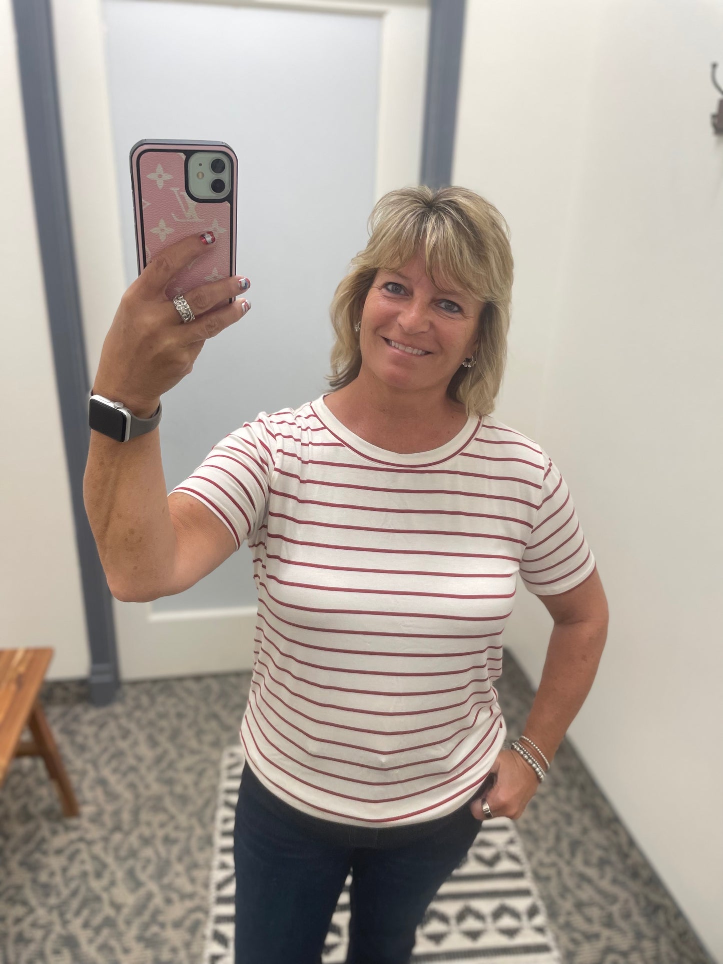 Ivory and Red Striped Top