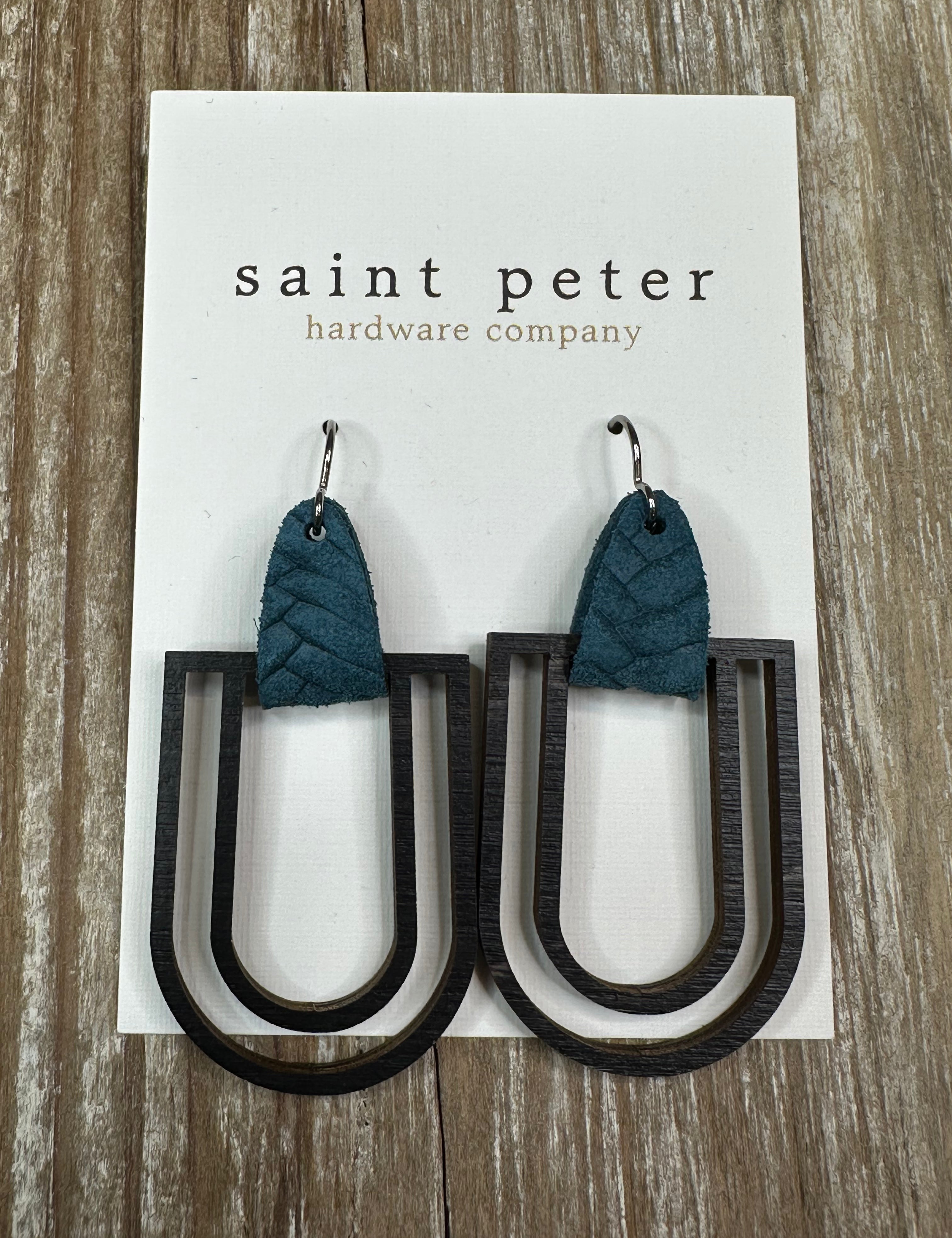 Dark Wood Drop Earrings w/ Teal Leather Jewelry - Earrings St. Peter Hardware